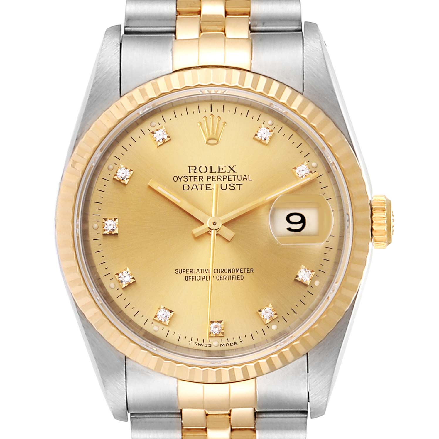 This is a close-up, front-facing view of a Rolex Datejust 16233 Men
s Steel and Gold (two tone) Champagne Dial 16233 Men
s Steel and Gold (two tone) Champagne Dial watch, showing the dial, hands, date window, bezel, and part of the bracelet.