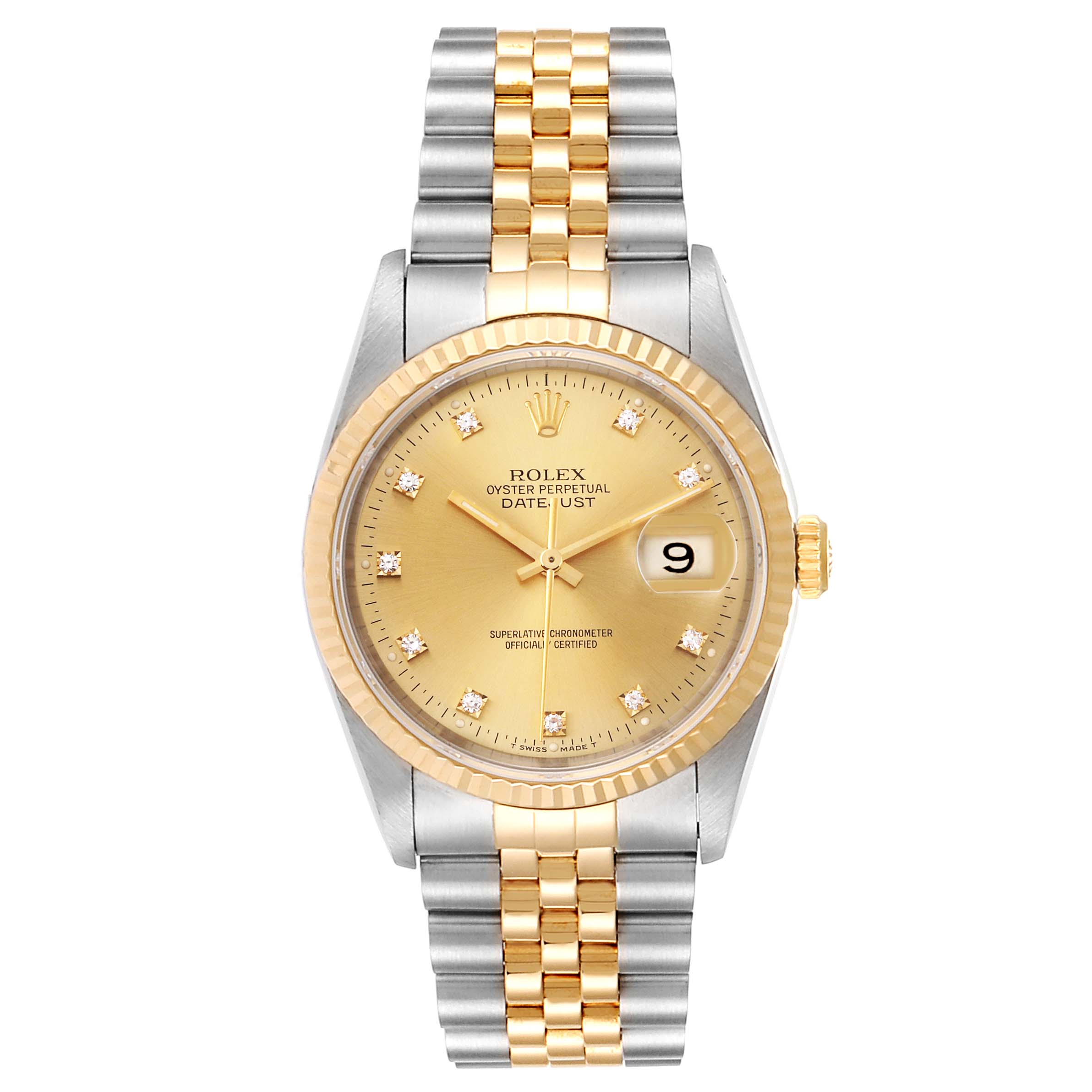 The image shows a Rolex Datejust 16233 Men
s Steel and Gold (two tone) Champagne Dial 16233 Men
s Steel and Gold (two tone) Champagne Dial model watch from a front angle, featuring a gold and silver two-tone bracelet and a gold dial with a date display.
