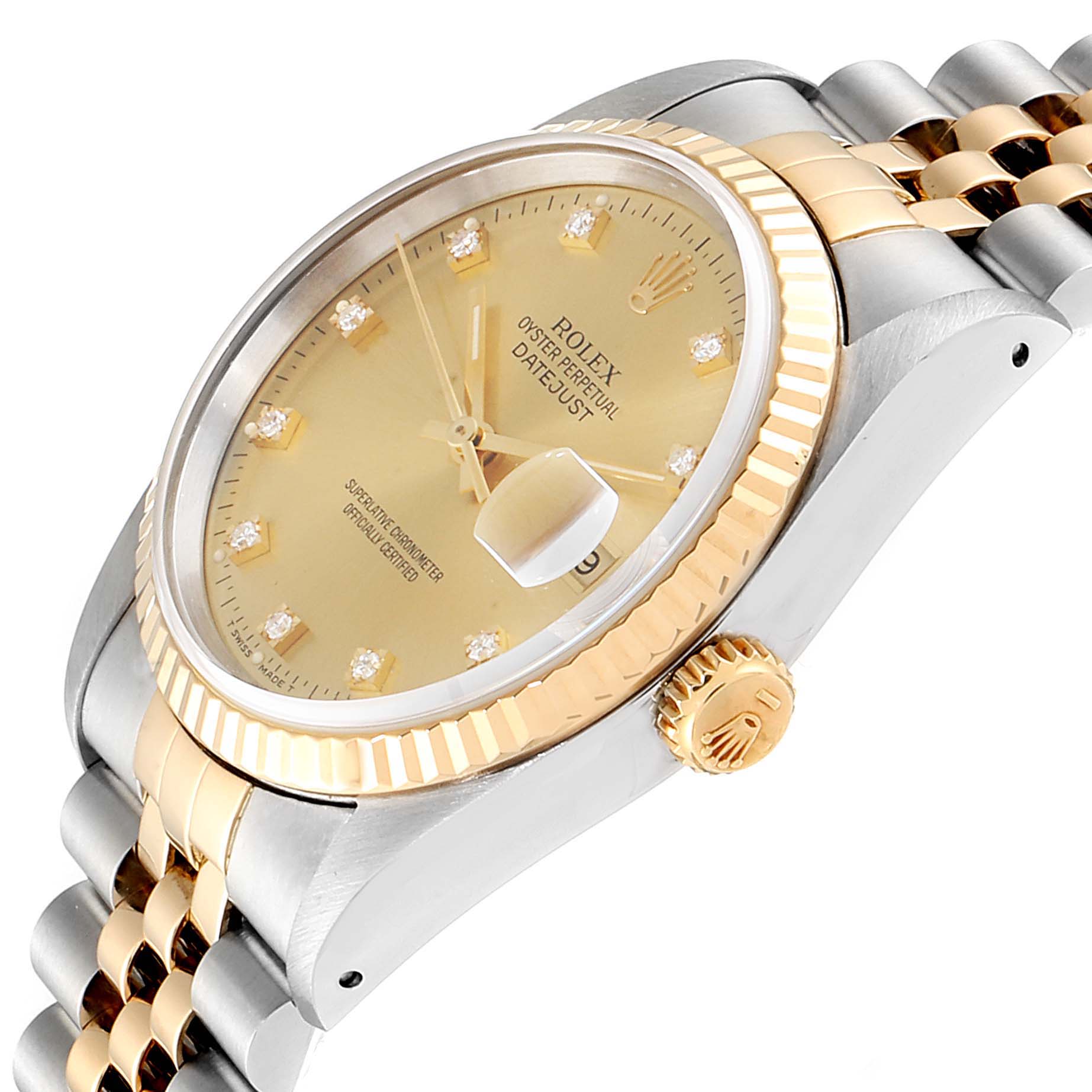 This image shows the Rolex Datejust 16233 Men
s Steel and Gold (two tone) Champagne Dial 16233 Men
s Steel and Gold (two tone) Champagne Dial watch from an angled side view, highlighting the face, bezel, crown, and bracelet.