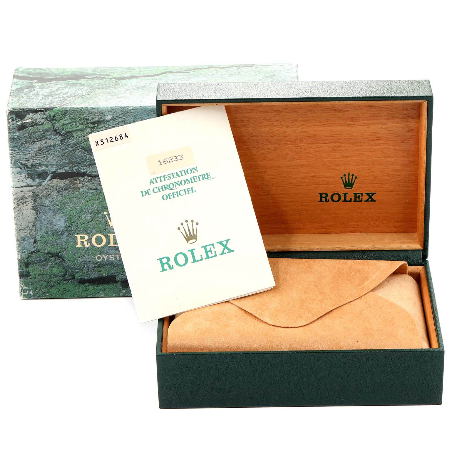 The image shows a Rolex Datejust 16233 Men
s Steel and Gold (two tone) Champagne Dial 16233 Men
s Steel and Gold (two tone) Champagne Dial box with a certificate and leather pouch, viewed from the front.