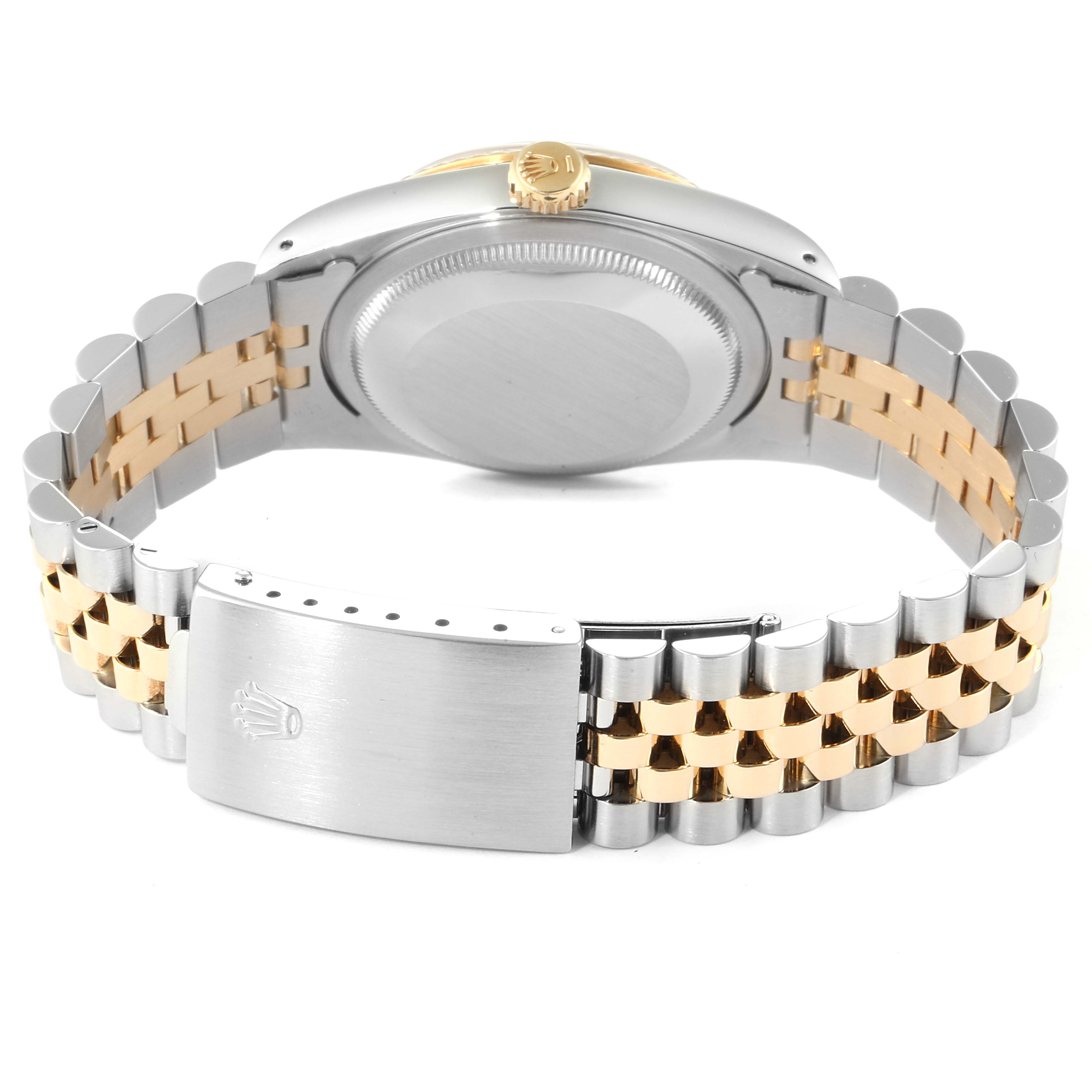 This image shows the back of the Rolex Datejust 16233 Men
s Steel and Gold (two tone) Champagne Dial 16233 Men
s Steel and Gold (two tone) Champagne Dial watch, highlighting the case back, crown, and two-tone Jubilee bracelet.