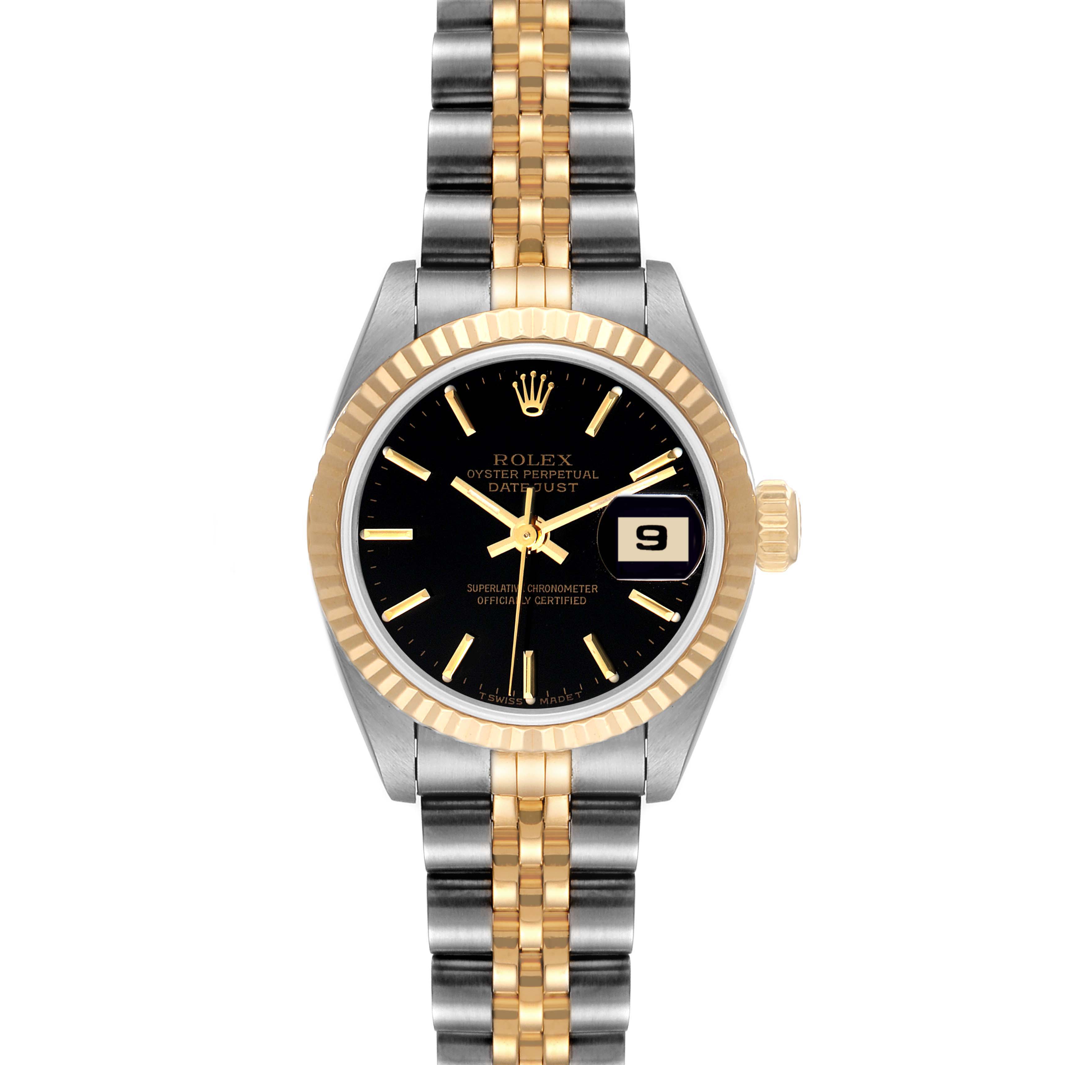 The image shows a front view of a Rolex Datejust 69173 Women's Stainless Steel Black Dial 69173 Women's Stainless Steel Black Dial watch, highlighting the dial, bezel, and two-tone bracelet.