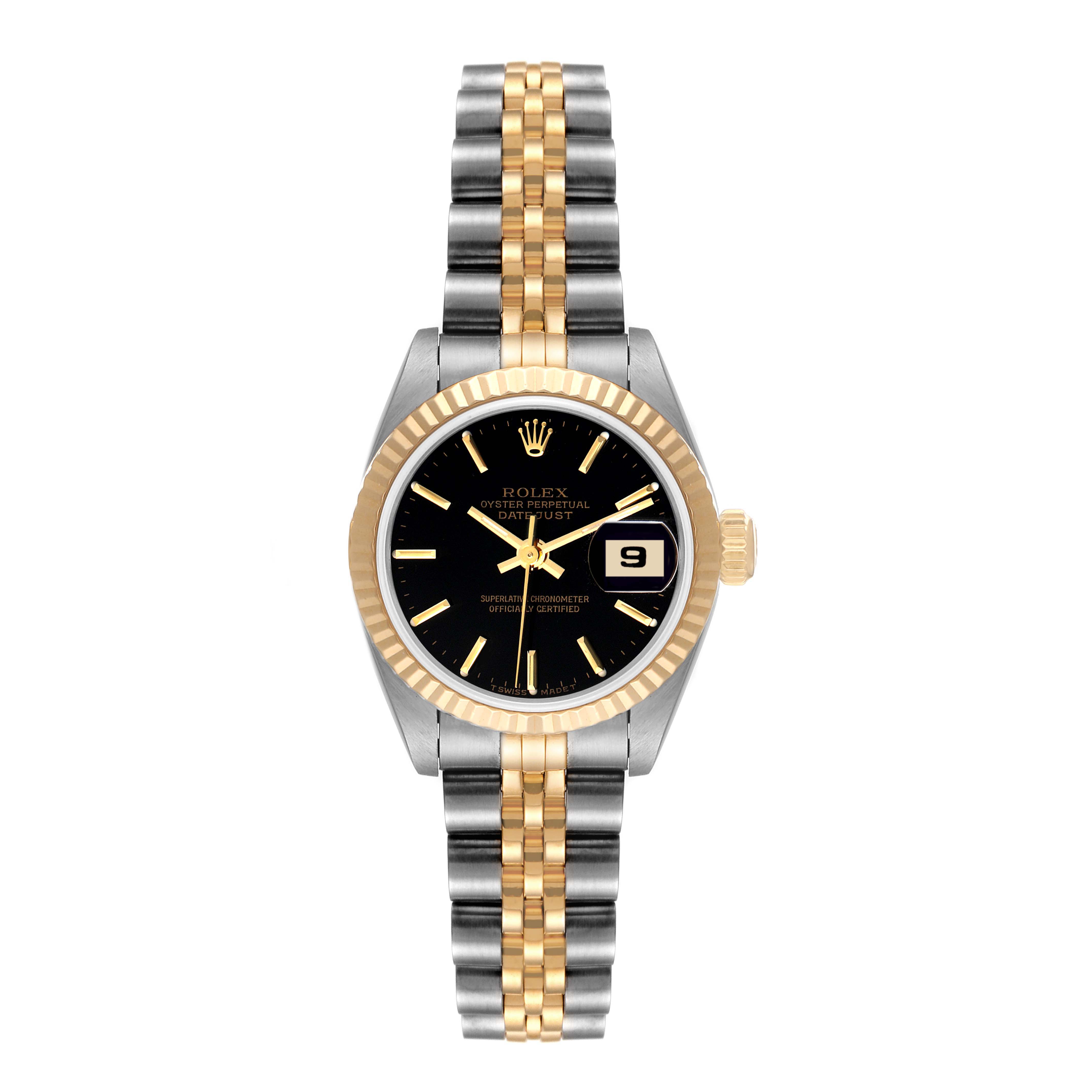 This image shows the face and bracelet of a Rolex Datejust 69173 Women's Stainless Steel Black Dial 69173 Women's Stainless Steel Black Dial model watch at a straight-on angle.