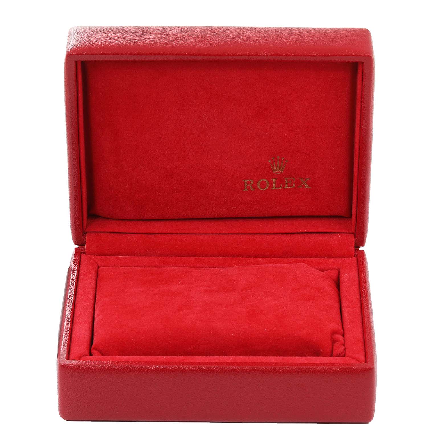 This image shows an open red Rolex Datejust 69173 Women's Stainless Steel Black Dial 69173 Women's Stainless Steel Black Dial watch box with a plush interior.