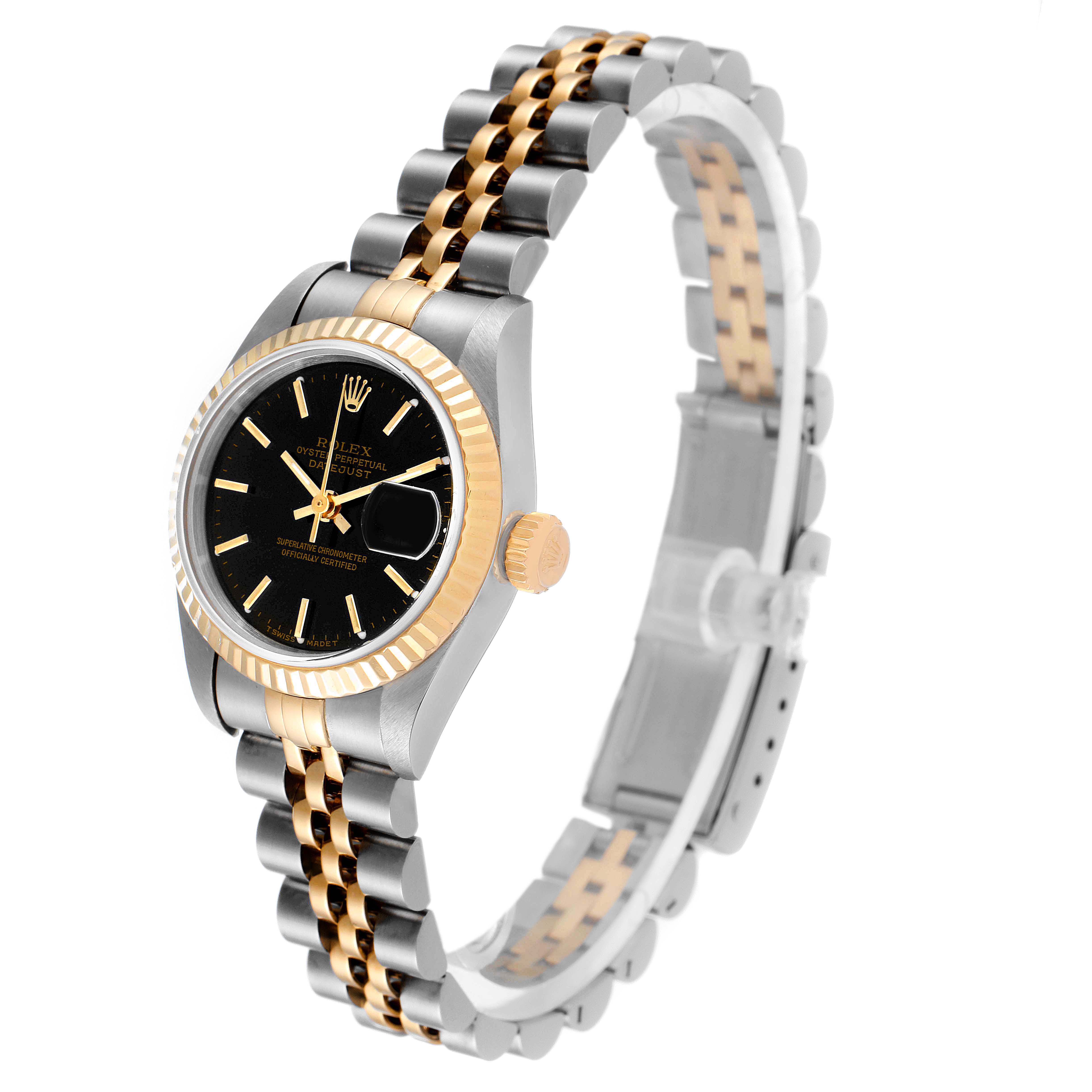 The image displays a Rolex Datejust 69173 Women's Stainless Steel Black Dial 69173 Women's Stainless Steel Black Dial watch at a three-quarter angle, highlighting the black dial, fluted bezel, and two-tone bracelet.