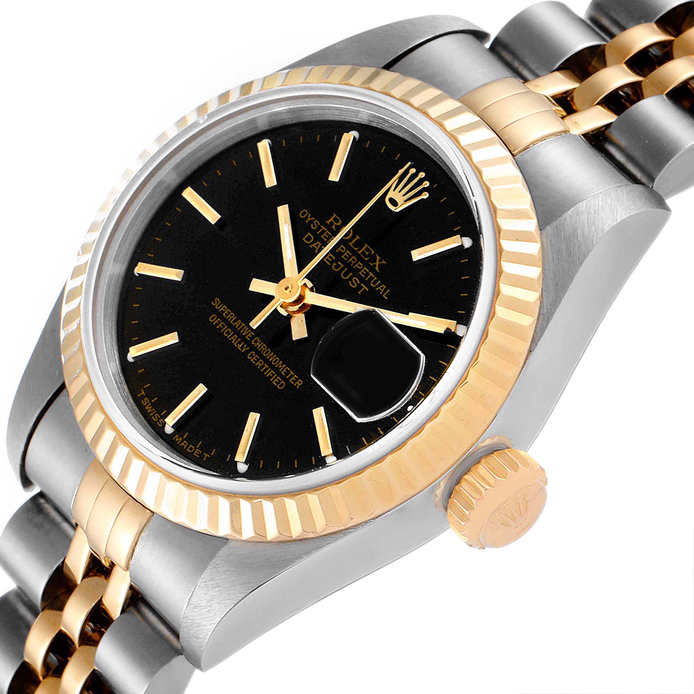 The image shows a close-up angled view of a Rolex Datejust 69173 Women's Stainless Steel Black Dial 69173 Women's Stainless Steel Black Dial watch, highlighting the dial, bezel, crown, and part of the bracelet.