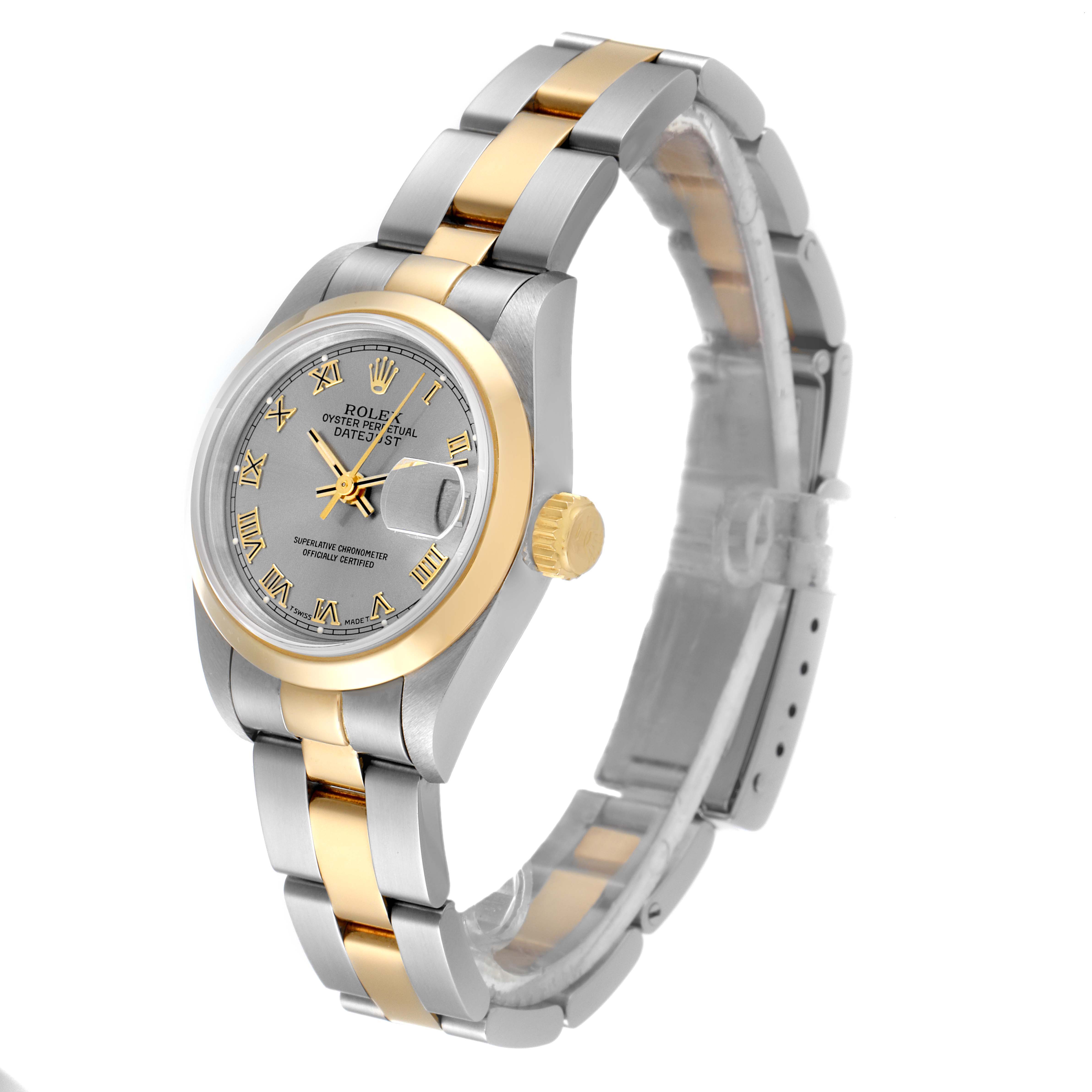 This image shows a Rolex Datejust 69163 Women's Stainless Steel Grey Dial 69163 Women's Stainless Steel Grey Dial watch at a slight angle, featuring the face, bezel, crown, and a portion of the bracelet.