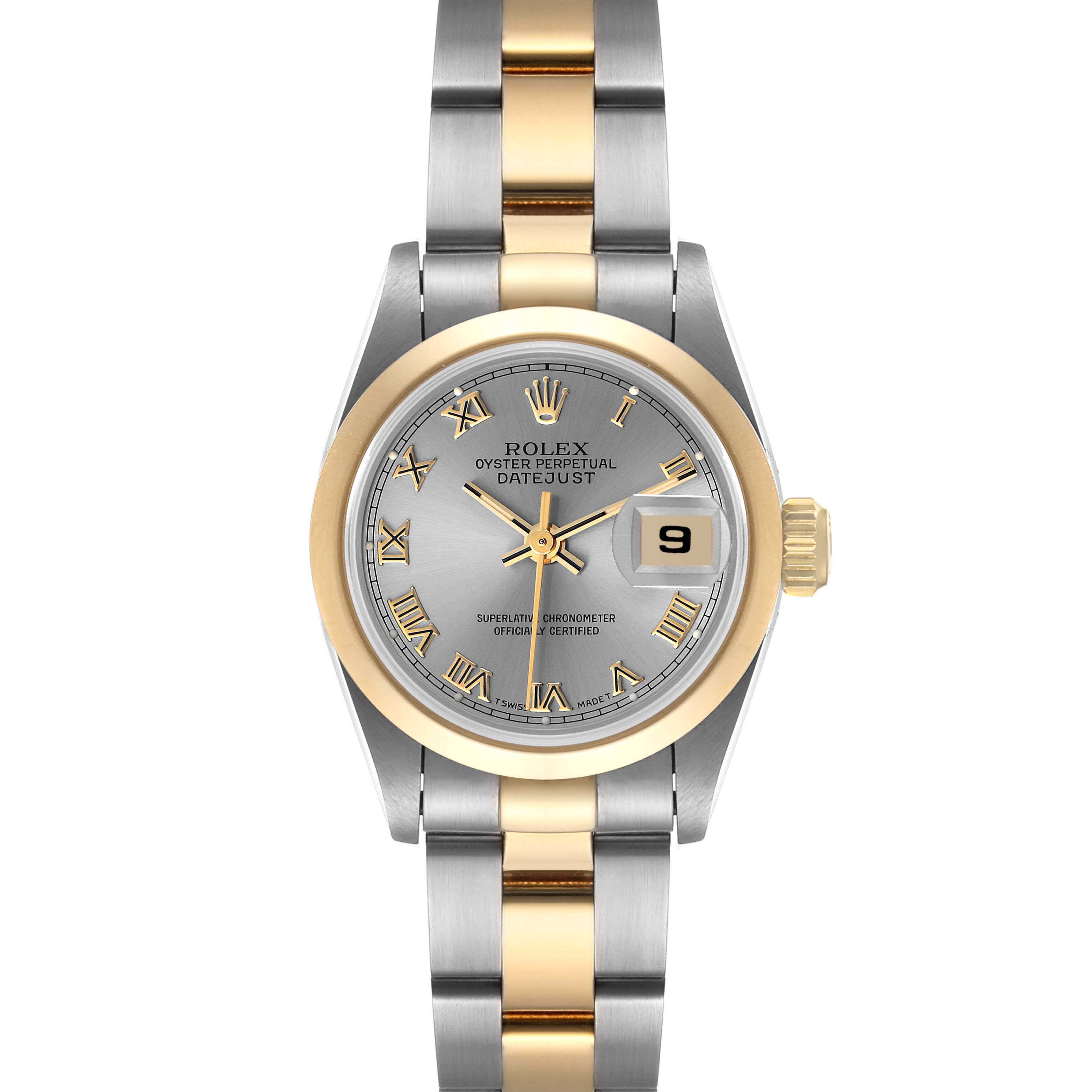This image shows a Rolex Datejust 69163 Women's Stainless Steel Grey Dial 69163 Women's Stainless Steel Grey Dial watch featuring its gold and silver bracelet, dial, and crown, viewed from the front.