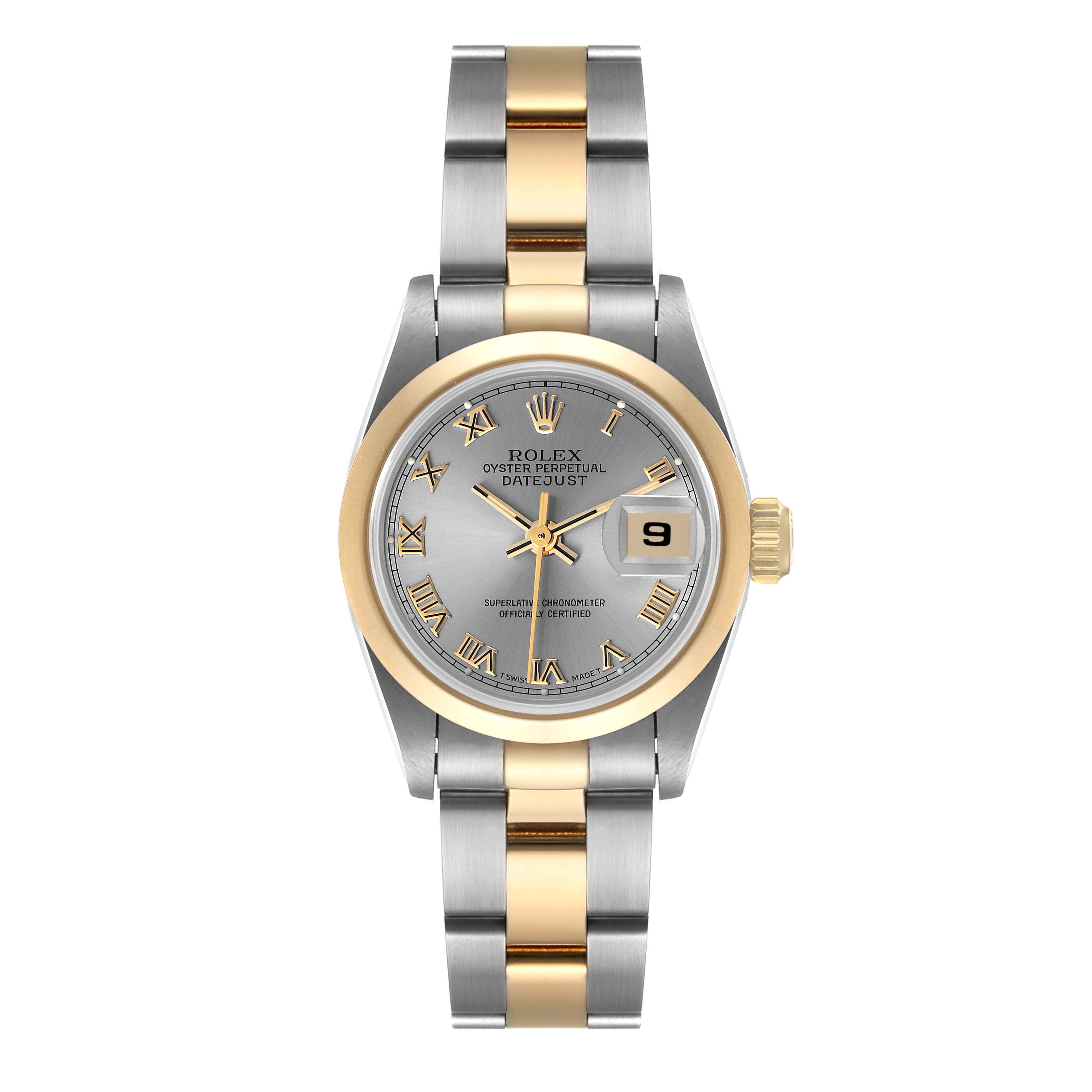 This image shows a front view of a Rolex Datejust 69163 Women's Stainless Steel Grey Dial 69163 Women's Stainless Steel Grey Dial watch, displaying its dial, bezel, and bracelet.