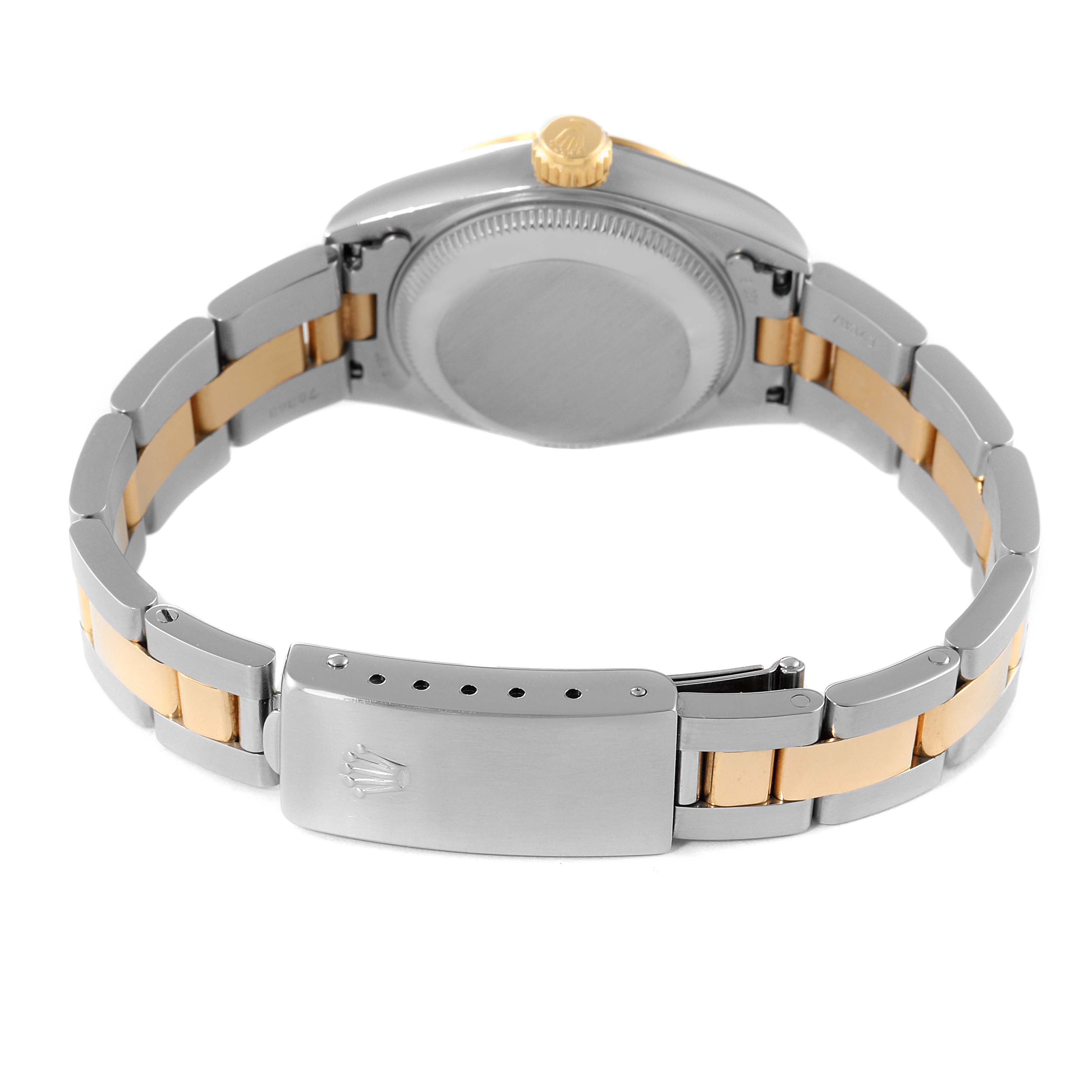 This image shows the back of the Rolex Datejust 69163 Women's Stainless Steel Grey Dial 69163 Women's Stainless Steel Grey Dial watch, highlighting the clasp, bracelet, and case back.