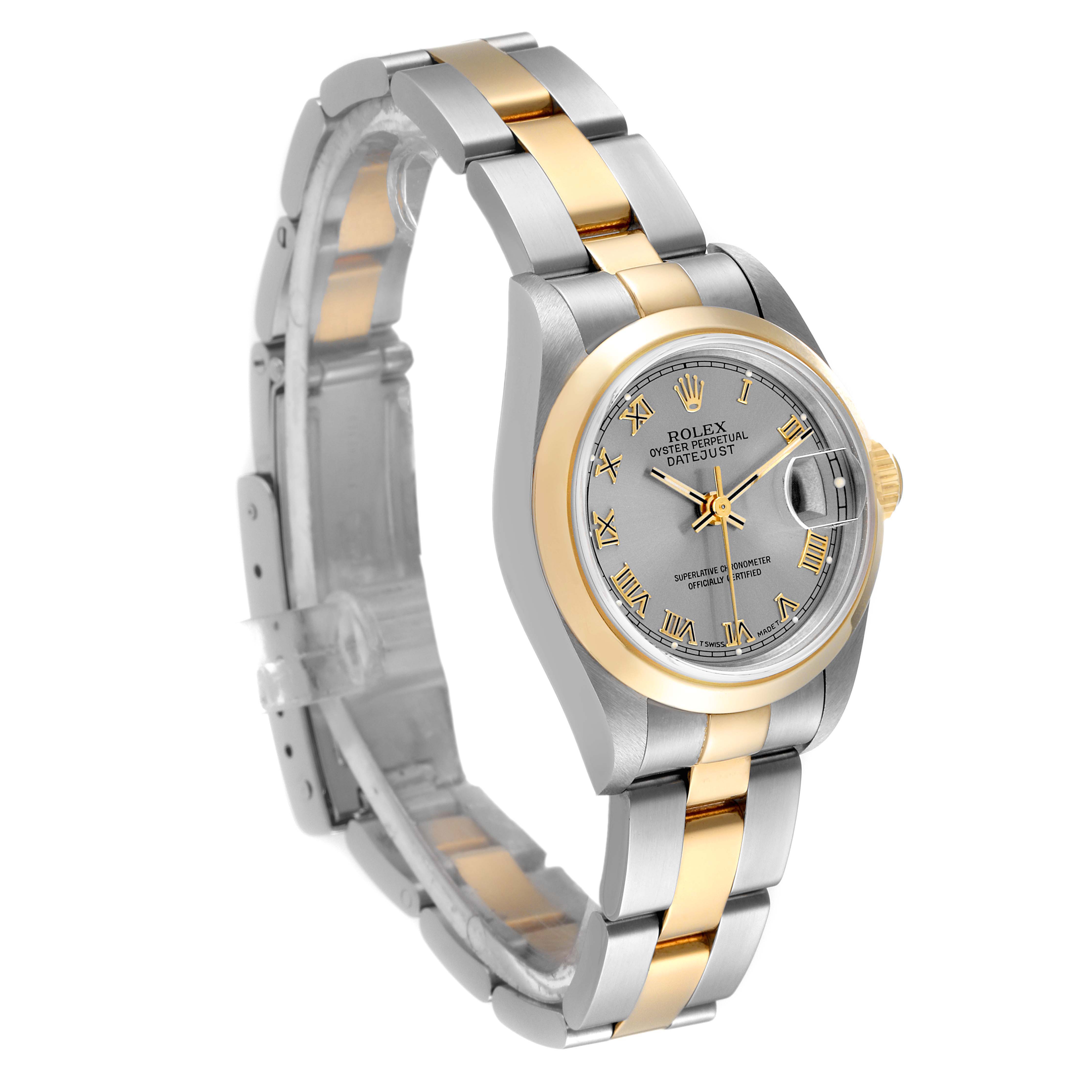 This image shows a side angle of a Rolex Datejust 69163 Women's Stainless Steel Grey Dial 69163 Women's Stainless Steel Grey Dial watch featuring a two-tone bracelet and a grey dial.
