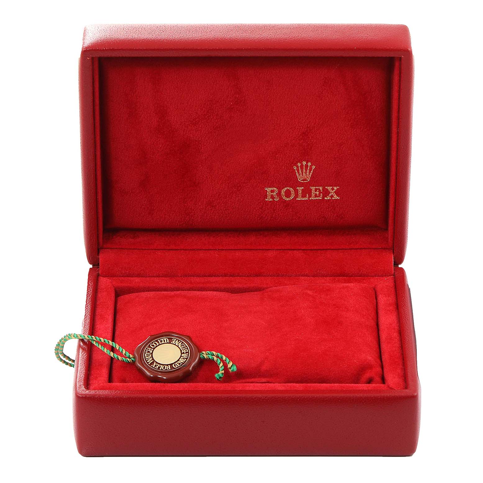 This image shows a red Rolex Datejust 69163 Women's Stainless Steel Grey Dial 69163 Women's Stainless Steel Grey Dial watch box with an authenticity tag inside.