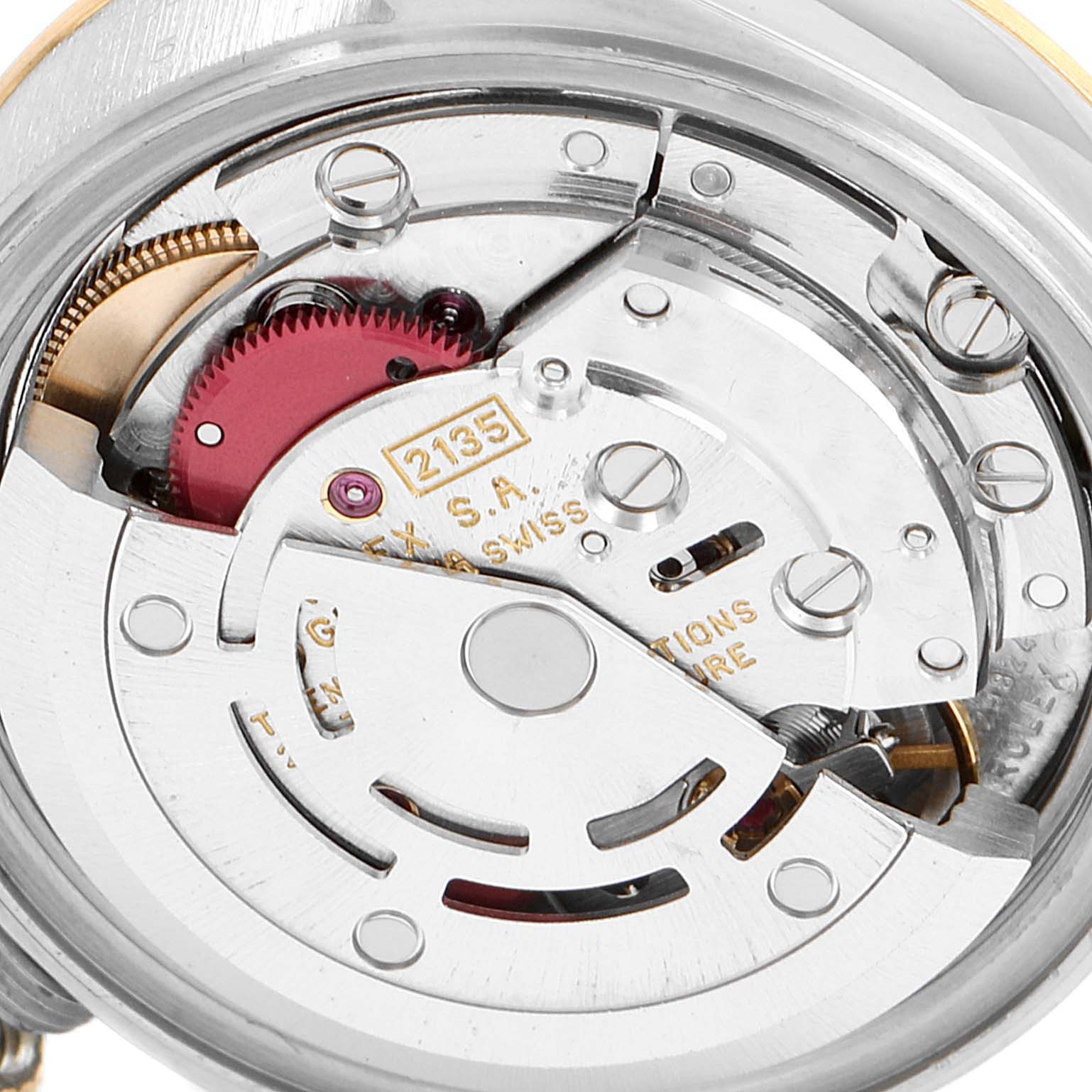 This image shows a close-up of the internal mechanical movement of a Rolex Datejust 69163 Women's Stainless Steel Grey Dial 69163 Women's Stainless Steel Grey Dial watch.