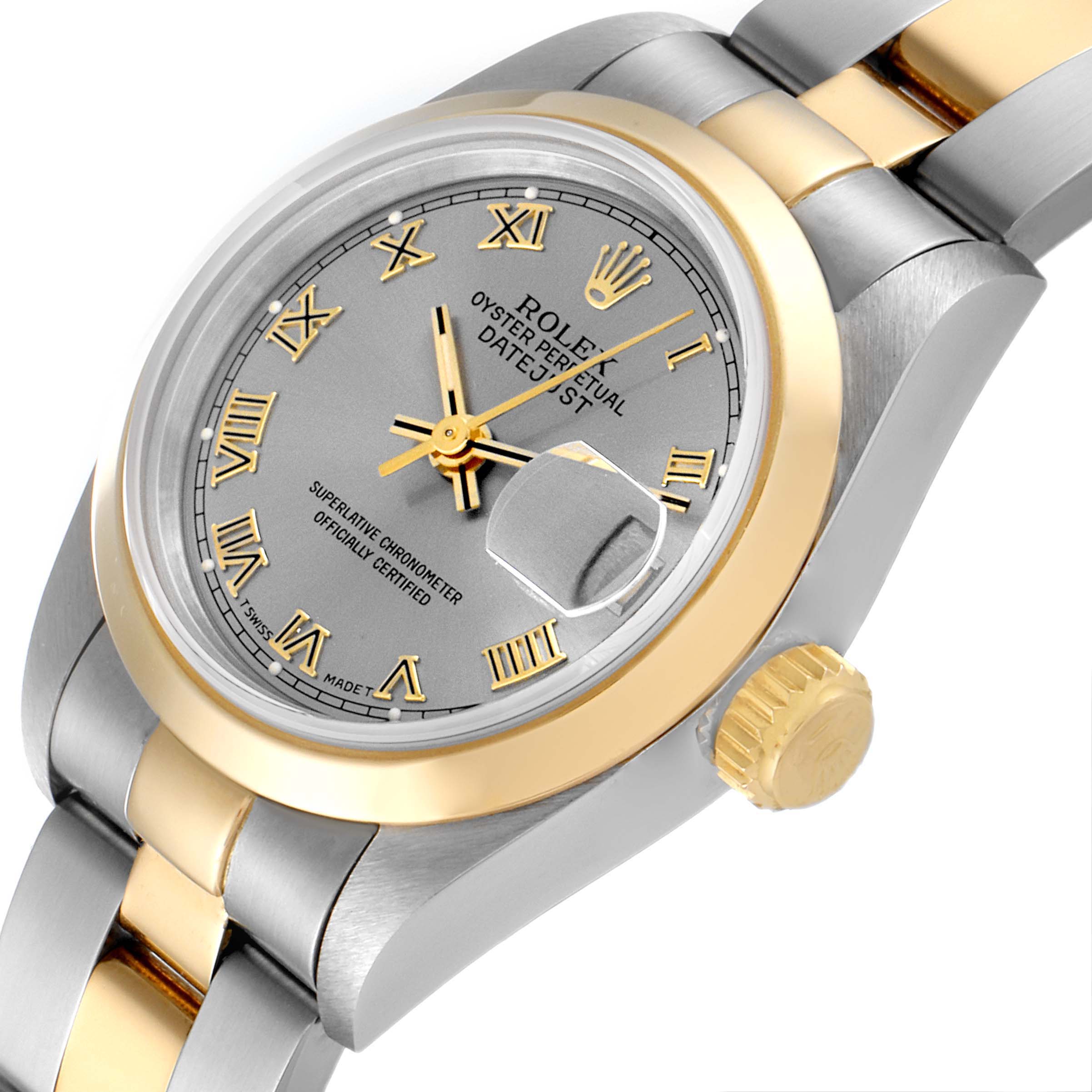 This image shows a Rolex Datejust 69163 Women's Stainless Steel Grey Dial 69163 Women's Stainless Steel Grey Dial watch at an oblique angle, highlighting the dial, bezel, crown, and part of the bracelet.
