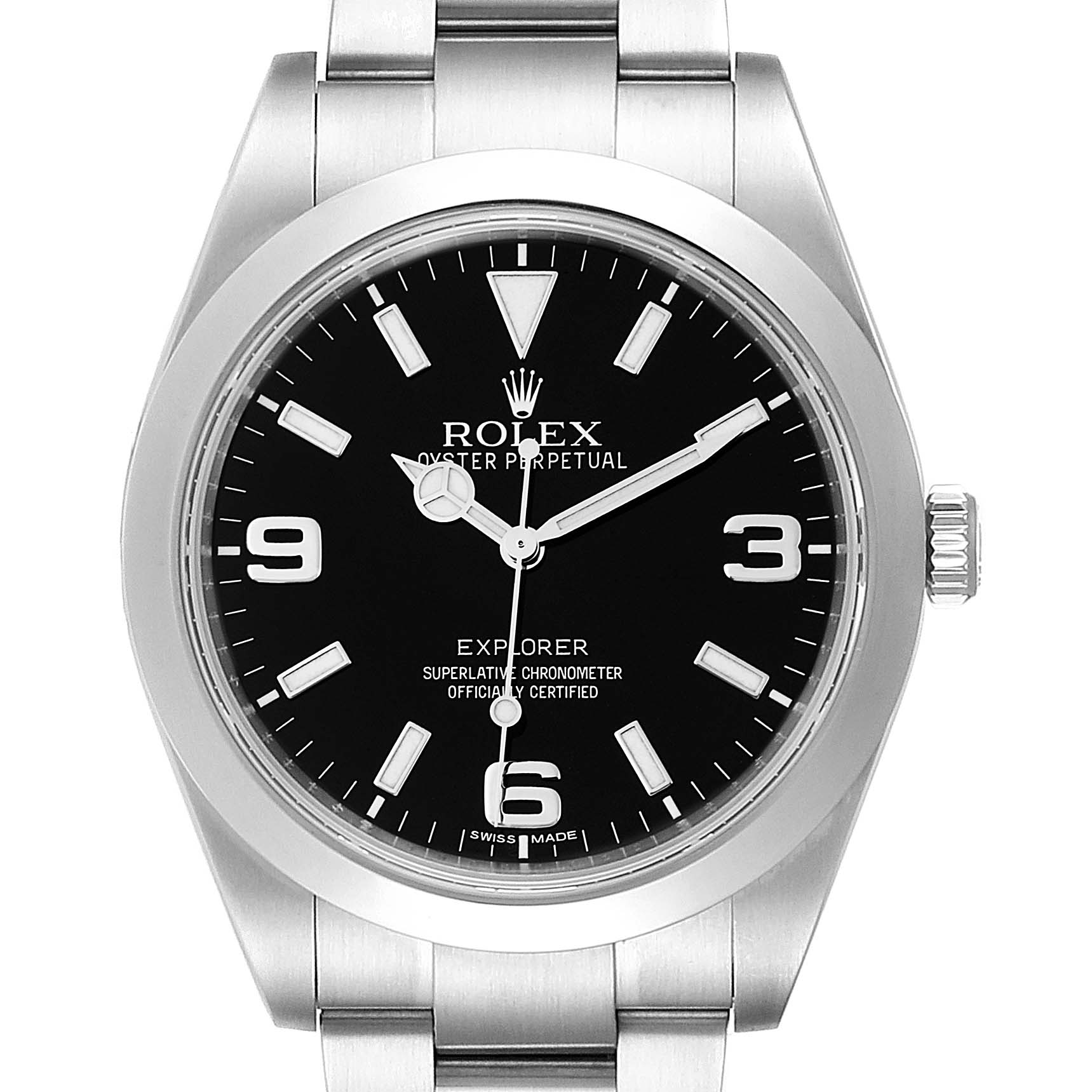 The Rolex Explorer 214270 Men
s Stainless Steel Black Dial 214270 Men
s Stainless Steel Black Dial watch is shown from a front angle, displaying its face, bezel, and part of the bracelet.