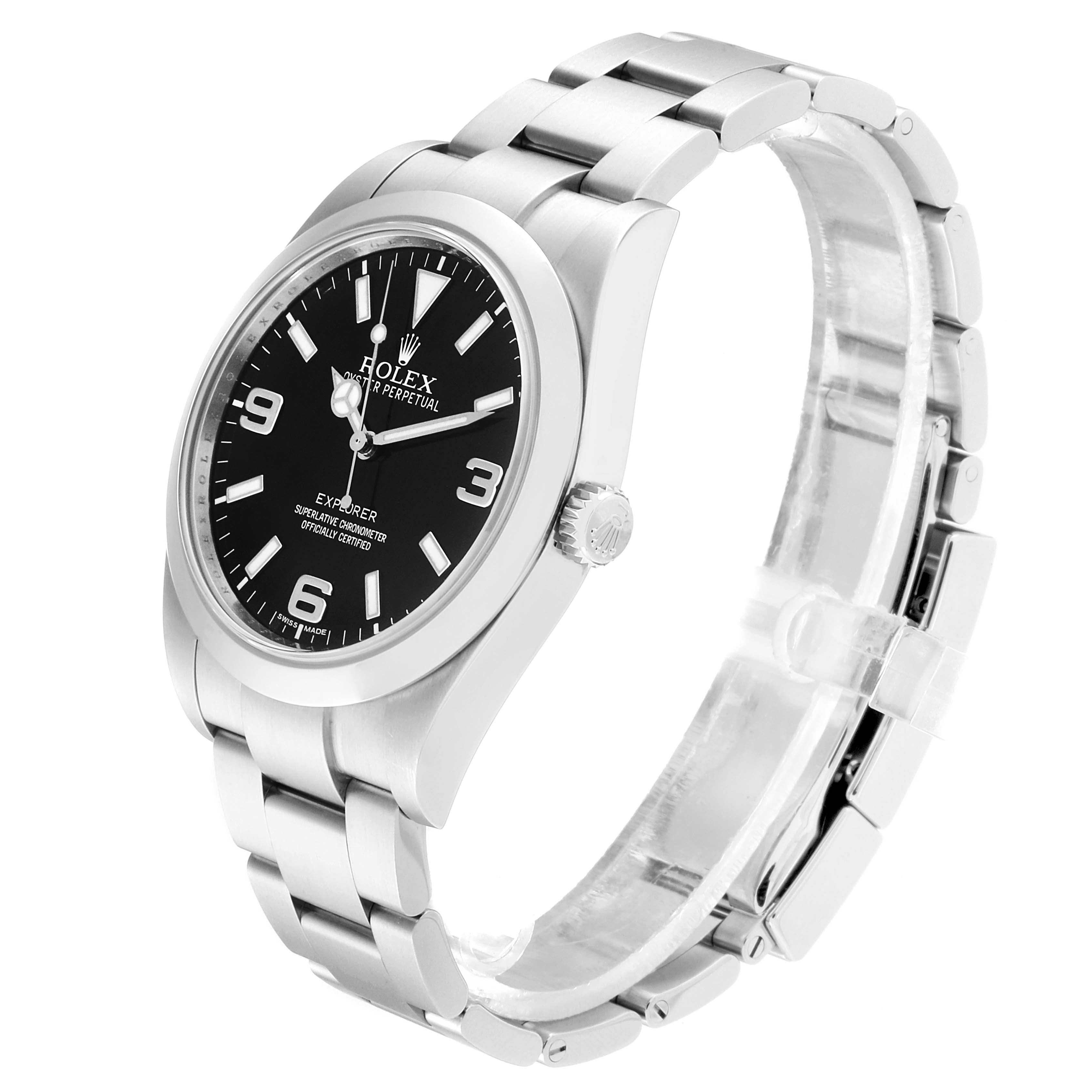 The Rolex Explorer 214270 Men
s Stainless Steel Black Dial 214270 Men
s Stainless Steel Black Dial watch is shown at an angle highlighting the face, crown, and bracelet.