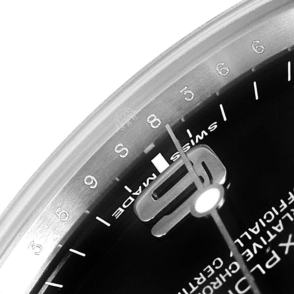 The image shows a close-up angle of the dial, hands, and numeric markers of a Rolex Explorer 214270 Men
s Stainless Steel Black Dial 214270 Men
s Stainless Steel Black Dial watch.