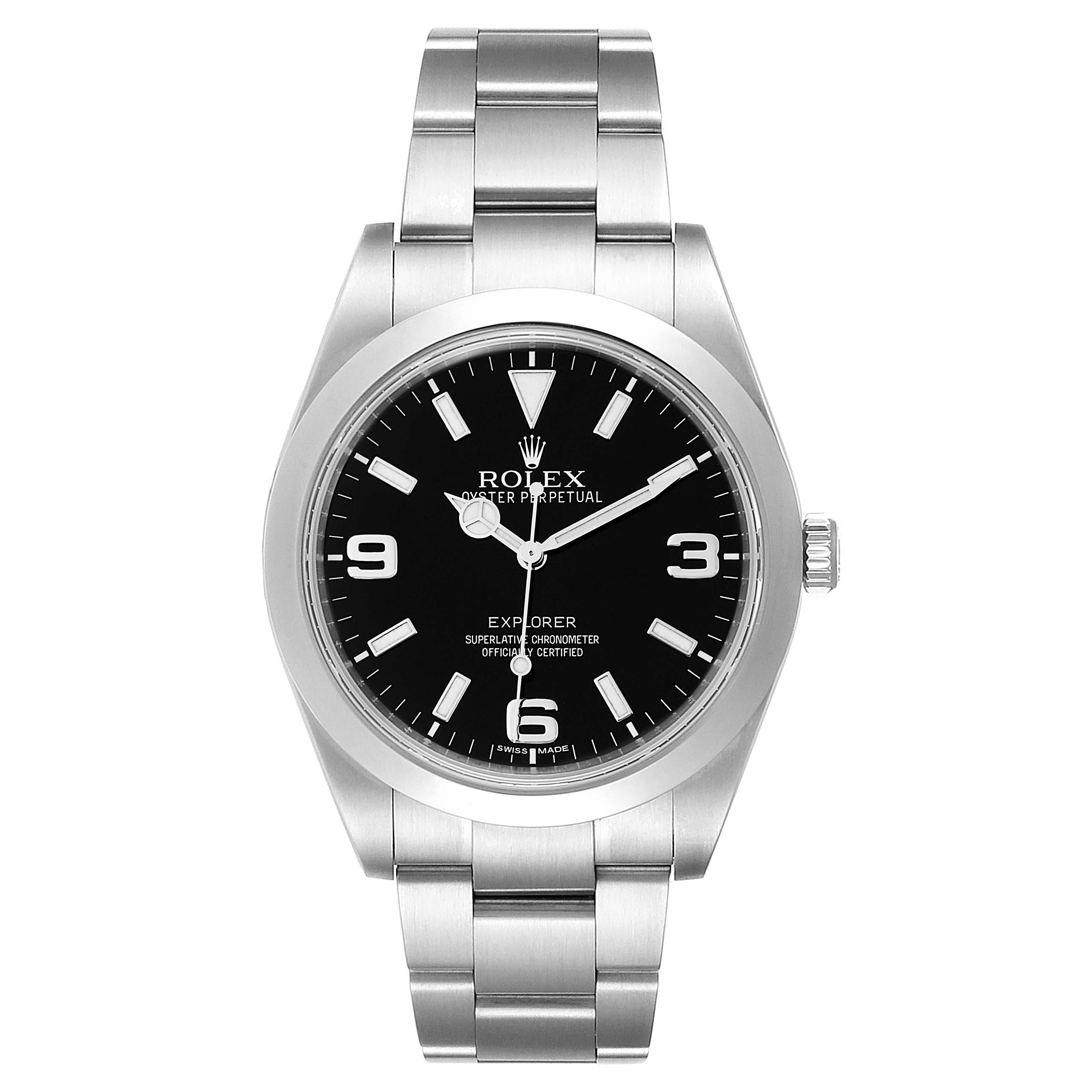 The Rolex Explorer 214270 Men
s Stainless Steel Black Dial 214270 Men
s Stainless Steel Black Dial watch is shown from the front, displaying its face, bezel, and stainless steel bracelet.