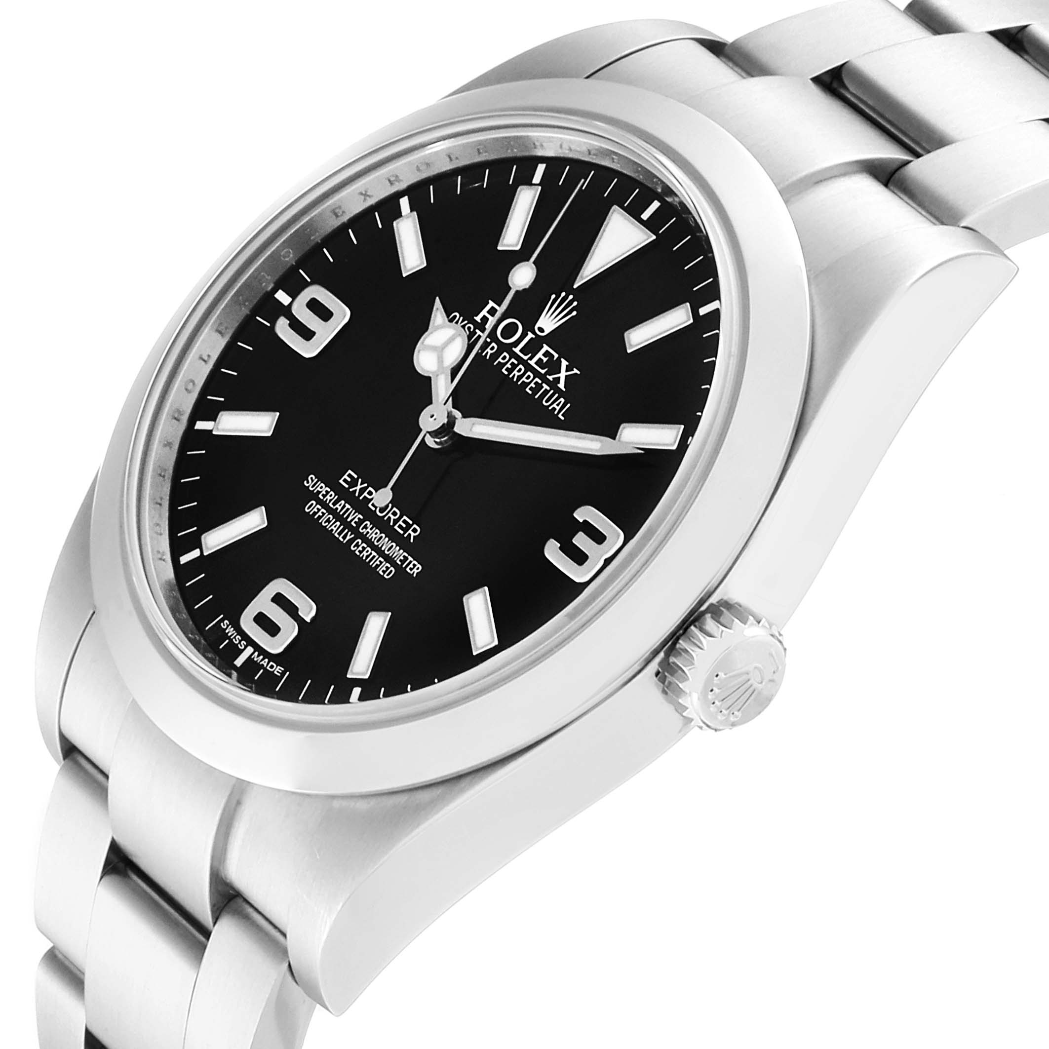 This image shows a side angle of the Rolex Explorer 214270 Men
s Stainless Steel Black Dial 214270 Men
s Stainless Steel Black Dial, highlighting the dial and part of the bracelet and crown.