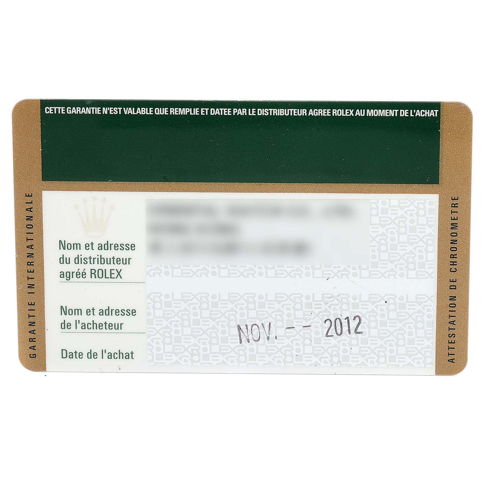 This is a warranty card for the Rolex Explorer 214270 Men
s Stainless Steel Black Dial 214270 Men
s Stainless Steel Black Dial model showing purchase details.