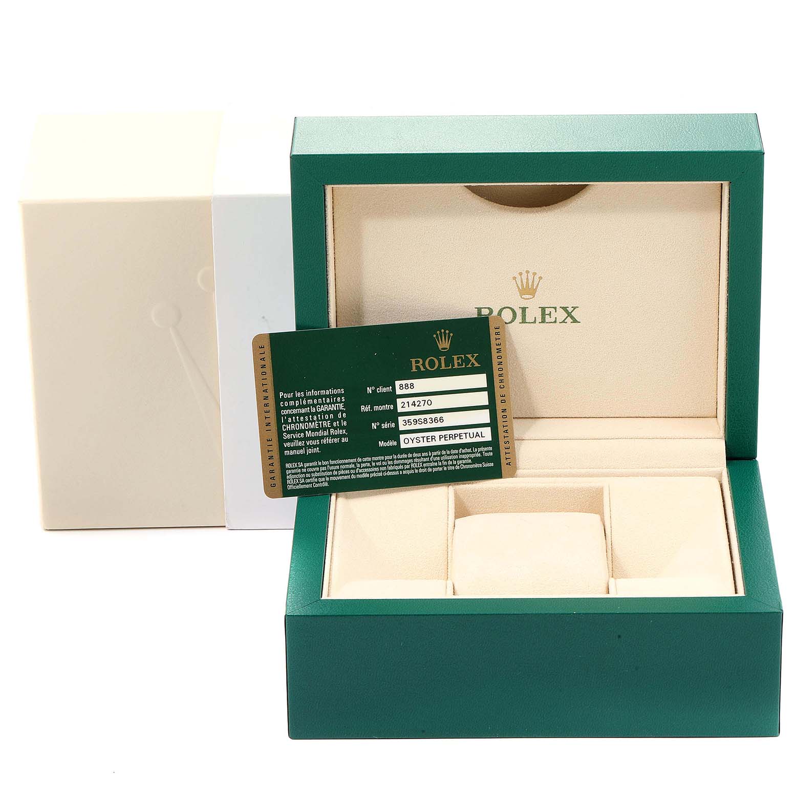 The image shows the open box and warranty card for a Rolex Explorer 214270 Men
s Stainless Steel Black Dial 214270 Men
s Stainless Steel Black Dial watch.
