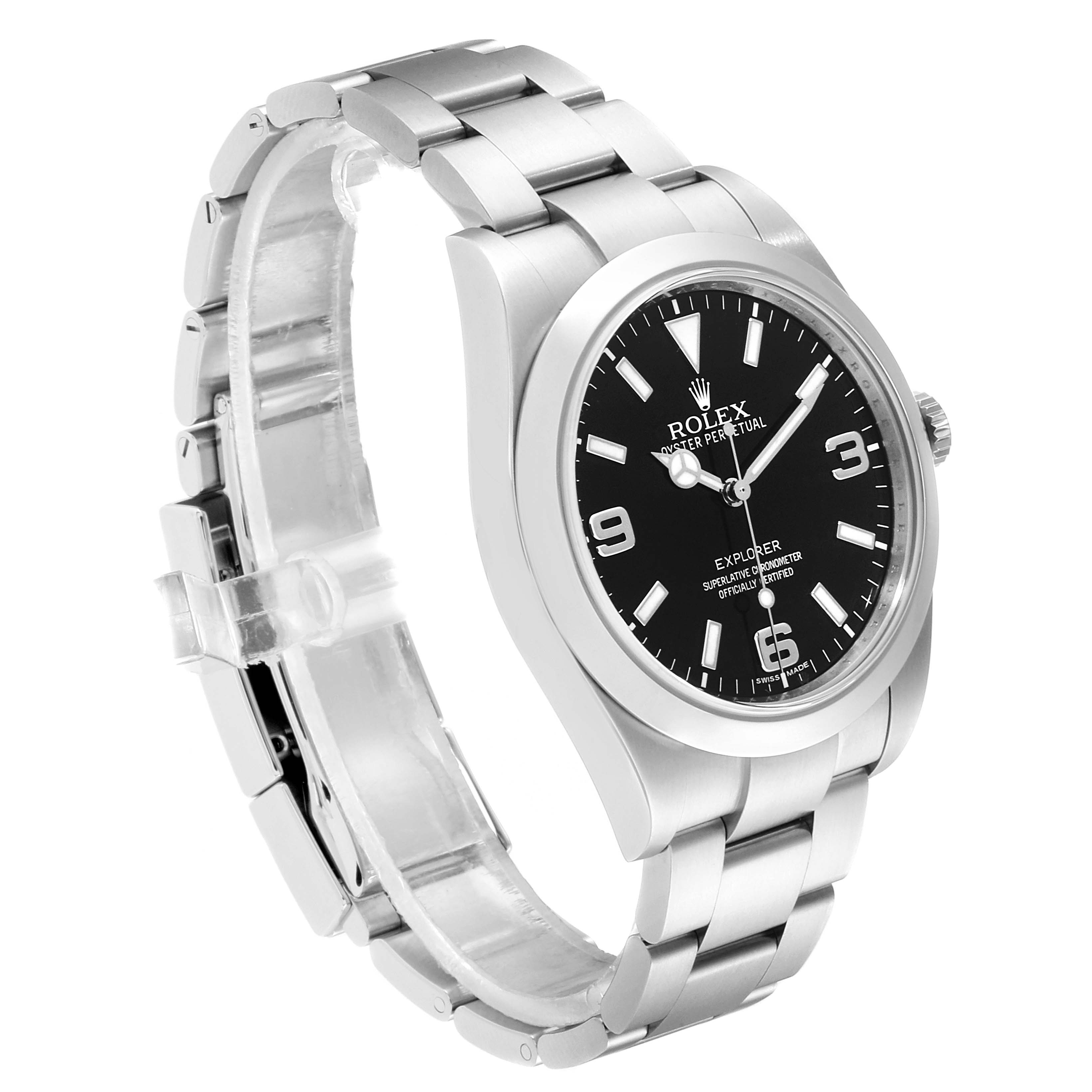 The image shows a side view of the Rolex Explorer 214270 Men
s Stainless Steel Black Dial 214270 Men
s Stainless Steel Black Dial watch, highlighting the black dial, bezel, and stainless steel bracelet.