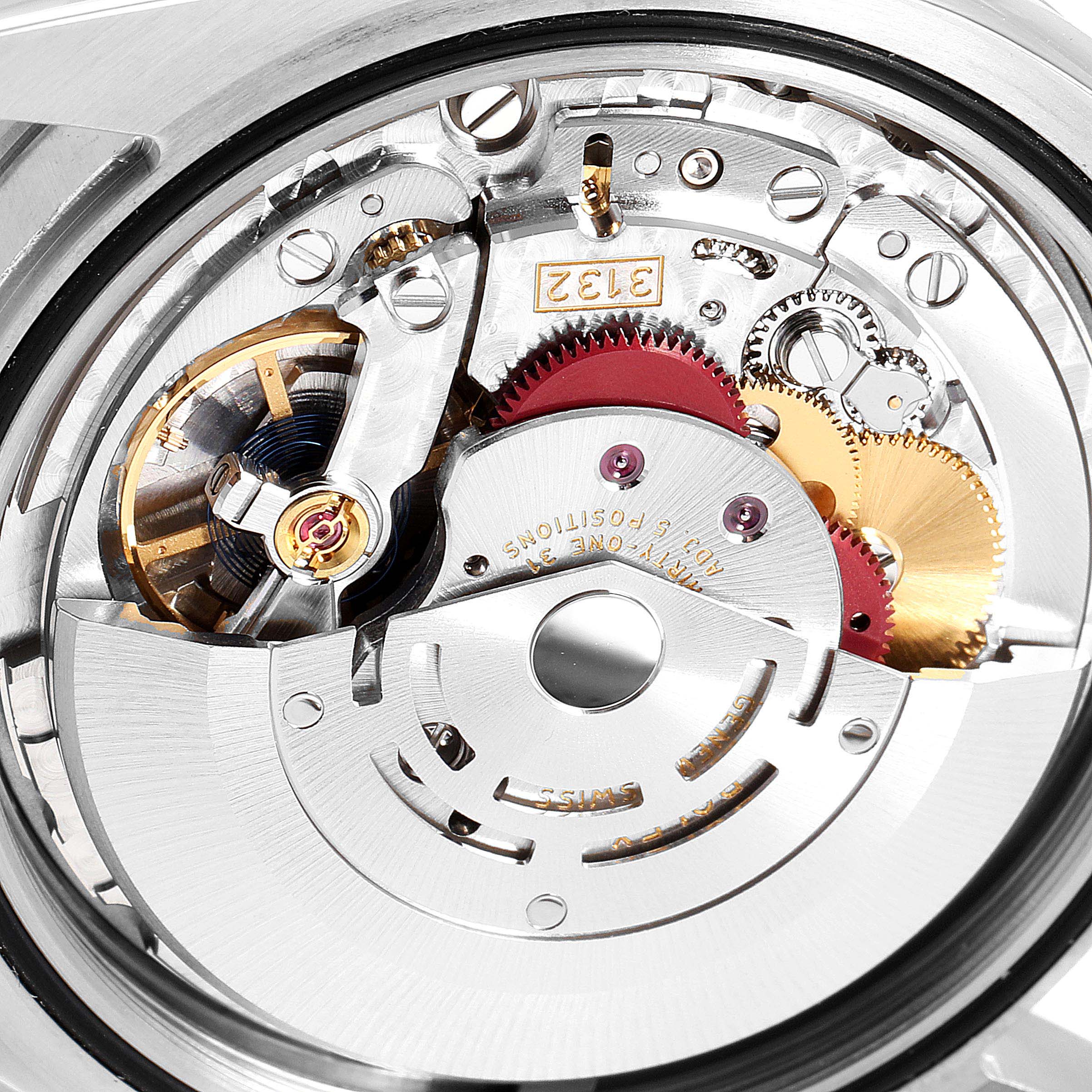 The image shows the intricate internal movement mechanism of a Rolex Explorer 214270 Men
s Stainless Steel Black Dial 214270 Men
s Stainless Steel Black Dial watch in close-up detail.