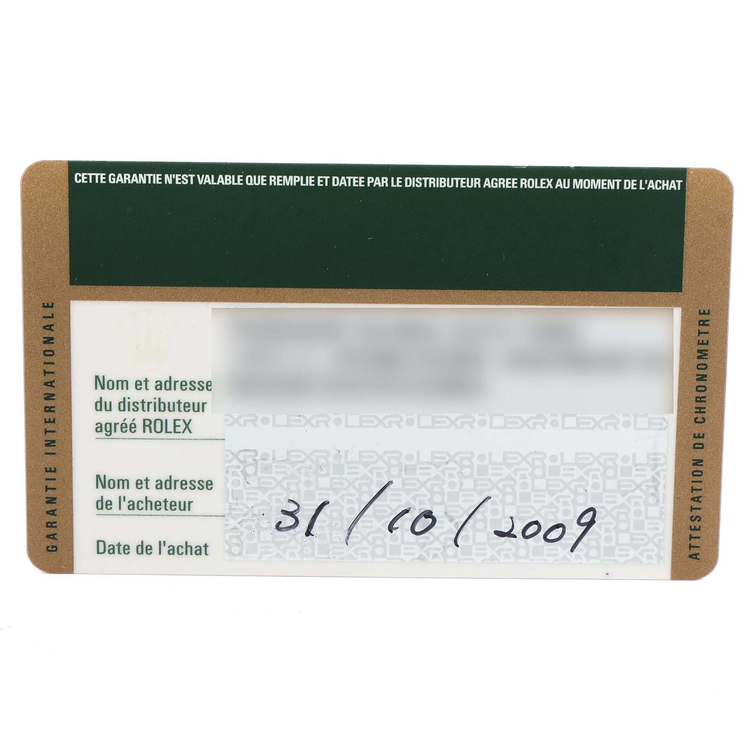 The image shows the guarantee card for the Rolex Explorer 114270 Men
s Stainless Steel Black Dial 114270 Men
s Stainless Steel Black Dial model, including purchase details and the seller
s information.