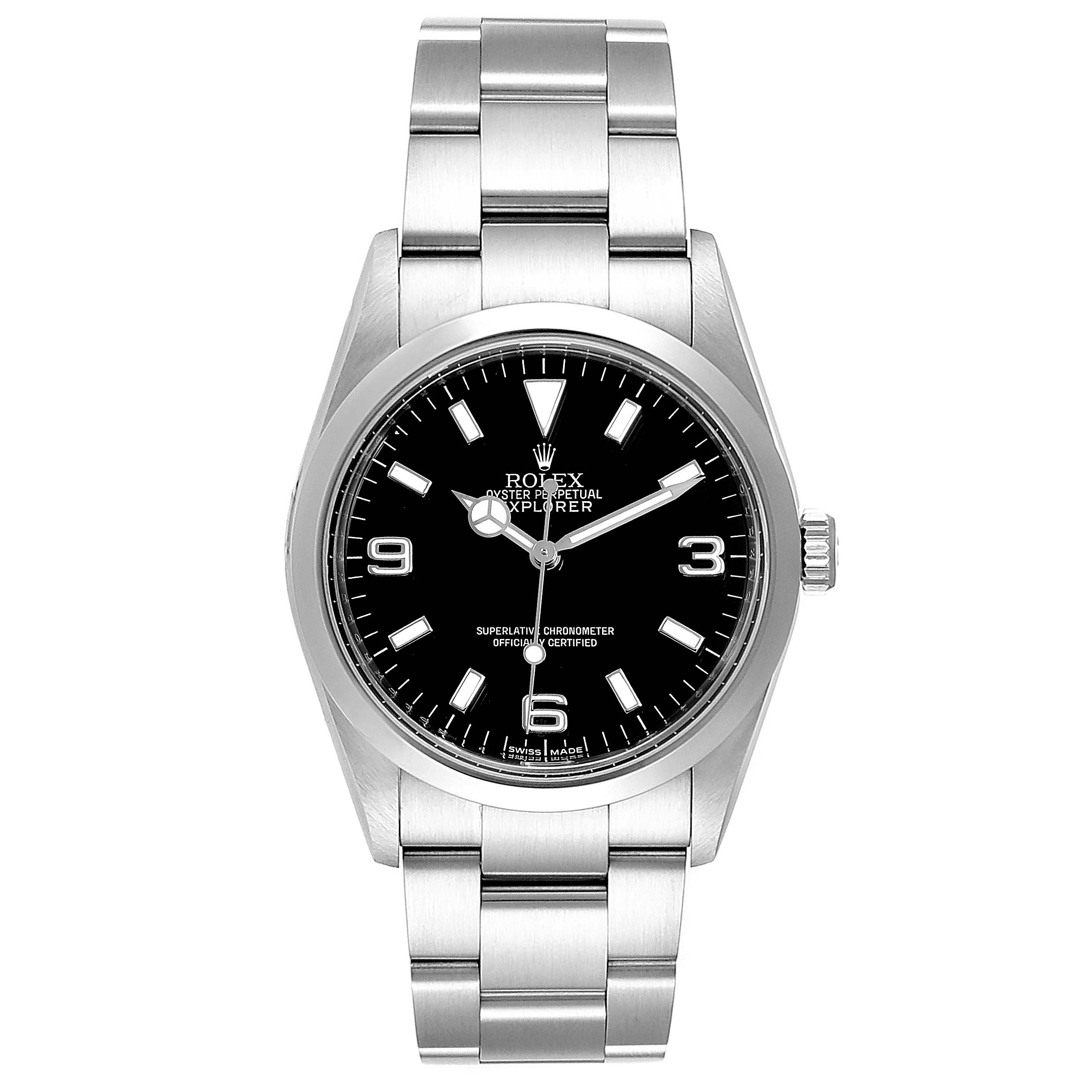The Rolex Explorer 114270 Men
s Stainless Steel Black Dial 114270 Men
s Stainless Steel Black Dial watch is shown from the front, highlighting its black dial, silver bracelet, and bezel.