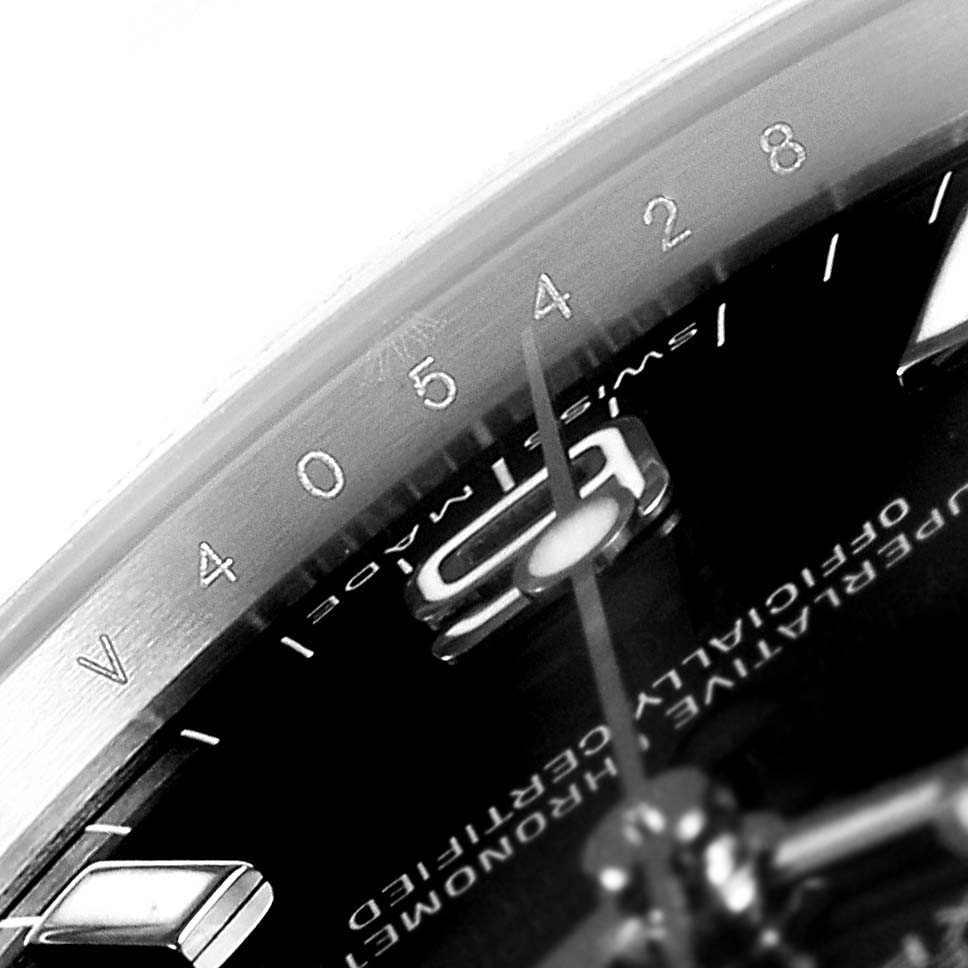 The image shows a close-up of the dial and bezel of a Rolex Explorer 114270 Men
s Stainless Steel Black Dial 114270 Men
s Stainless Steel Black Dial watch.