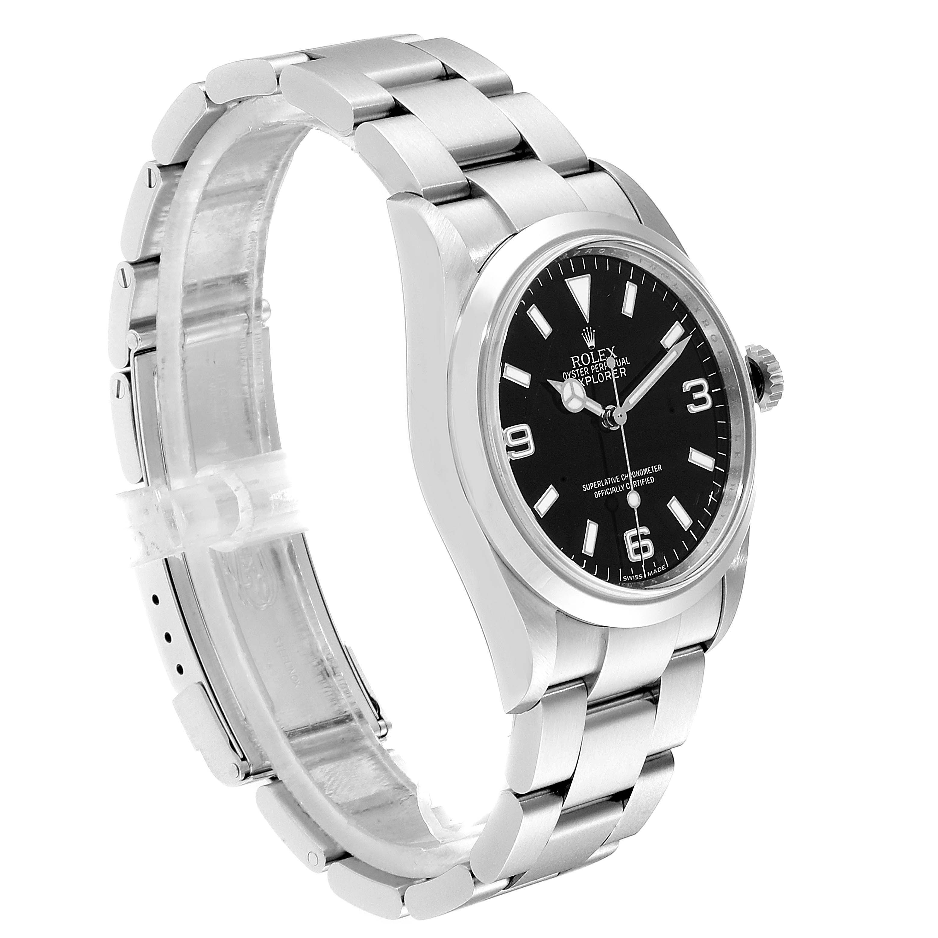 The Rolex Explorer 114270 Men
s Stainless Steel Black Dial 114270 Men
s Stainless Steel Black Dial watch is shown at a 45-degree angle, highlighting the black dial, stainless steel case, and bracelet.