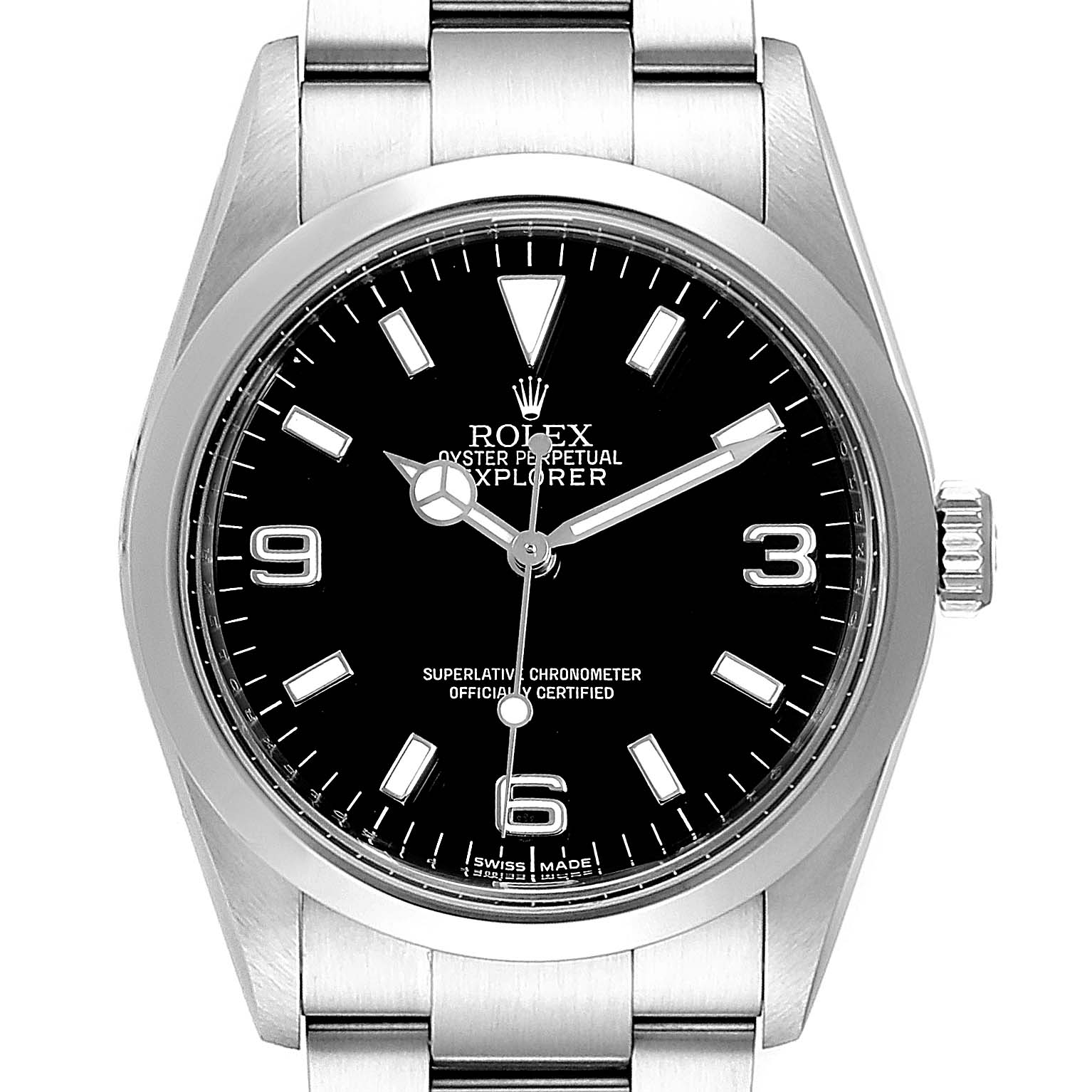 The image shows the front view of a Rolex Explorer 114270 Men
s Stainless Steel Black Dial 114270 Men
s Stainless Steel Black Dial watch, highlighting the black dial, hour markers, hands, and stainless steel bracelet.