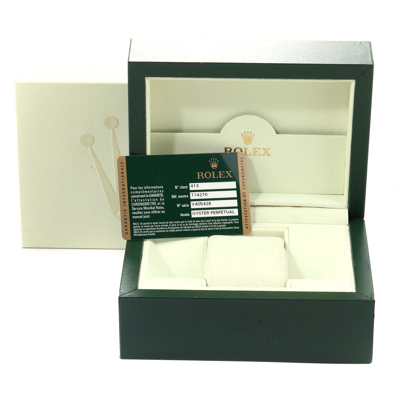 The image shows a Rolex Explorer 114270 Men
s Stainless Steel Black Dial 114270 Men
s Stainless Steel Black Dial watch box, warranty card, and cushion from a front angle.