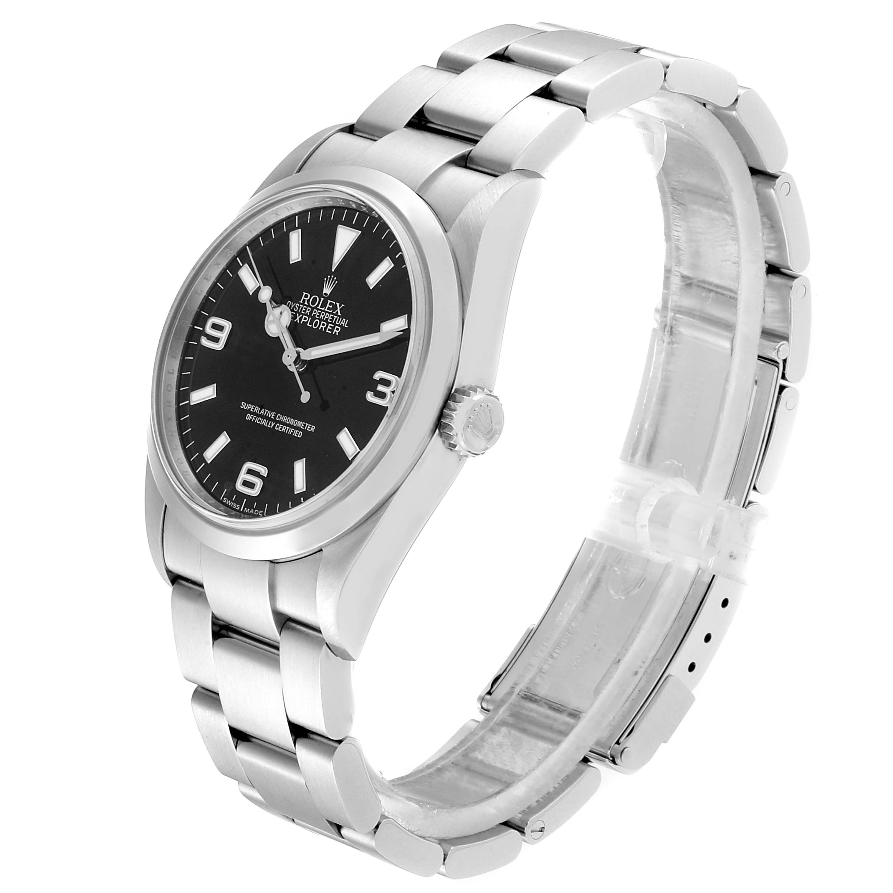 The image shows a side view of the Rolex Explorer 114270 Men
s Stainless Steel Black Dial 114270 Men
s Stainless Steel Black Dial watch, highlighting its stainless steel case, black dial, and bracelet.