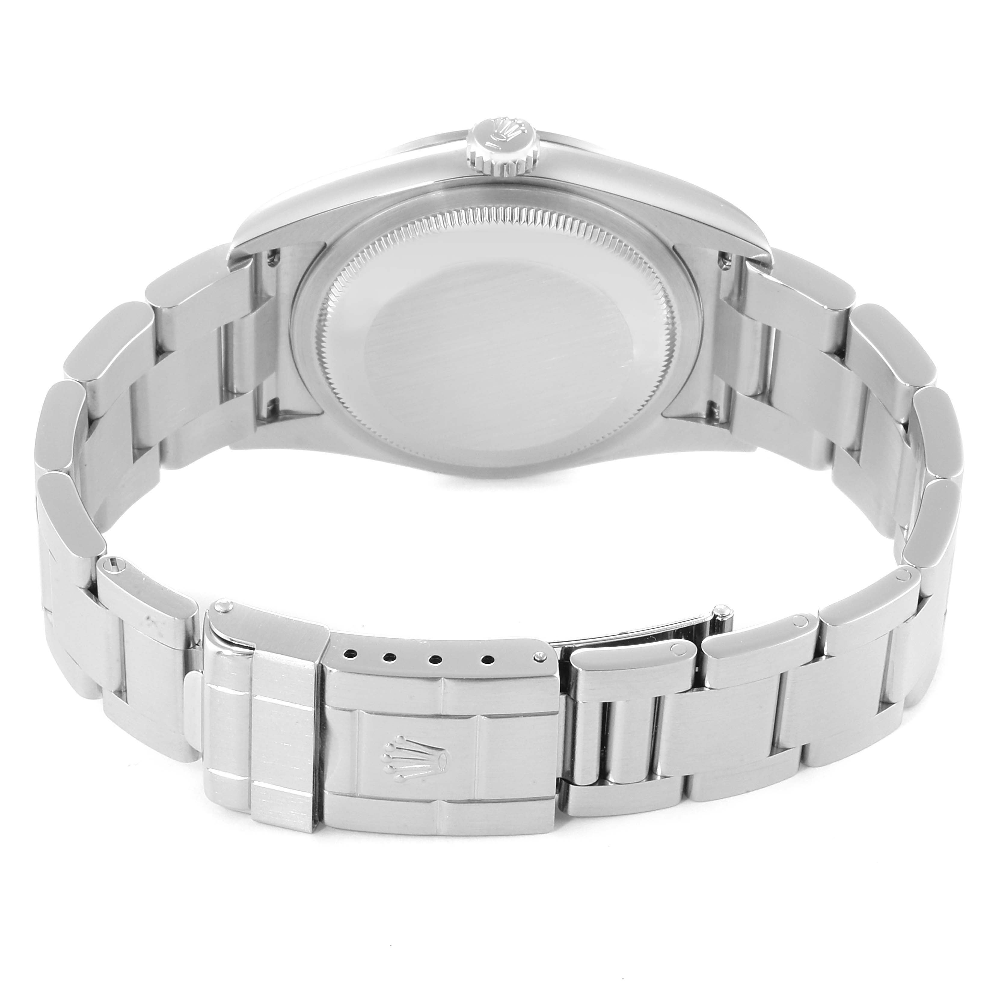 The image shows a rear view of the Rolex Explorer 114270 Men
s Stainless Steel Black Dial 114270 Men
s Stainless Steel Black Dial watch, highlighting its clasp, bracelet, and case back.