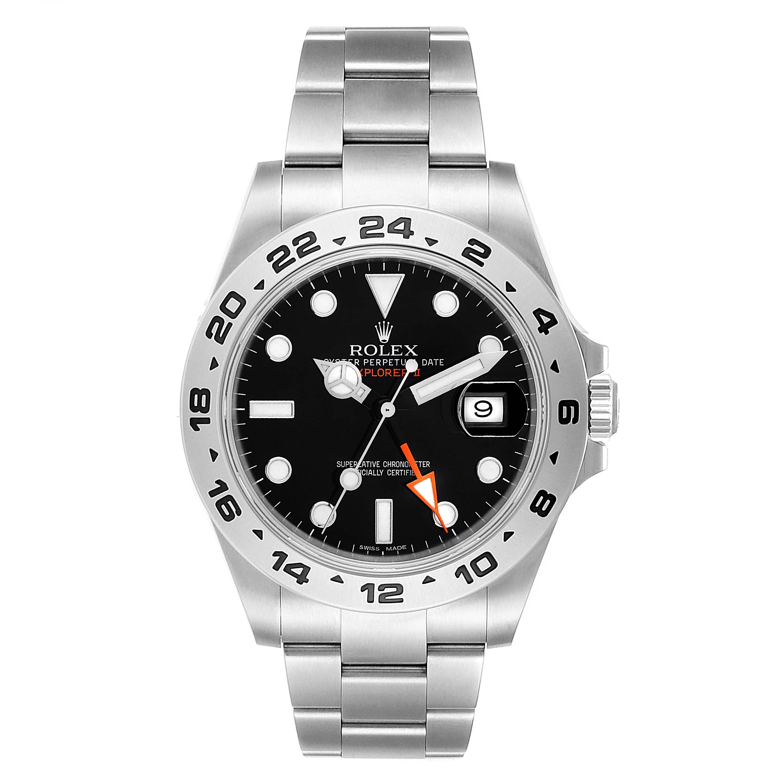 The image shows a front view of a Rolex Explorer 216570 Men
s Stainless Steel Black Dial 216570 Men
s Stainless Steel Black Dial model watch, highlighting the dial, bezel, hands, and bracelet.