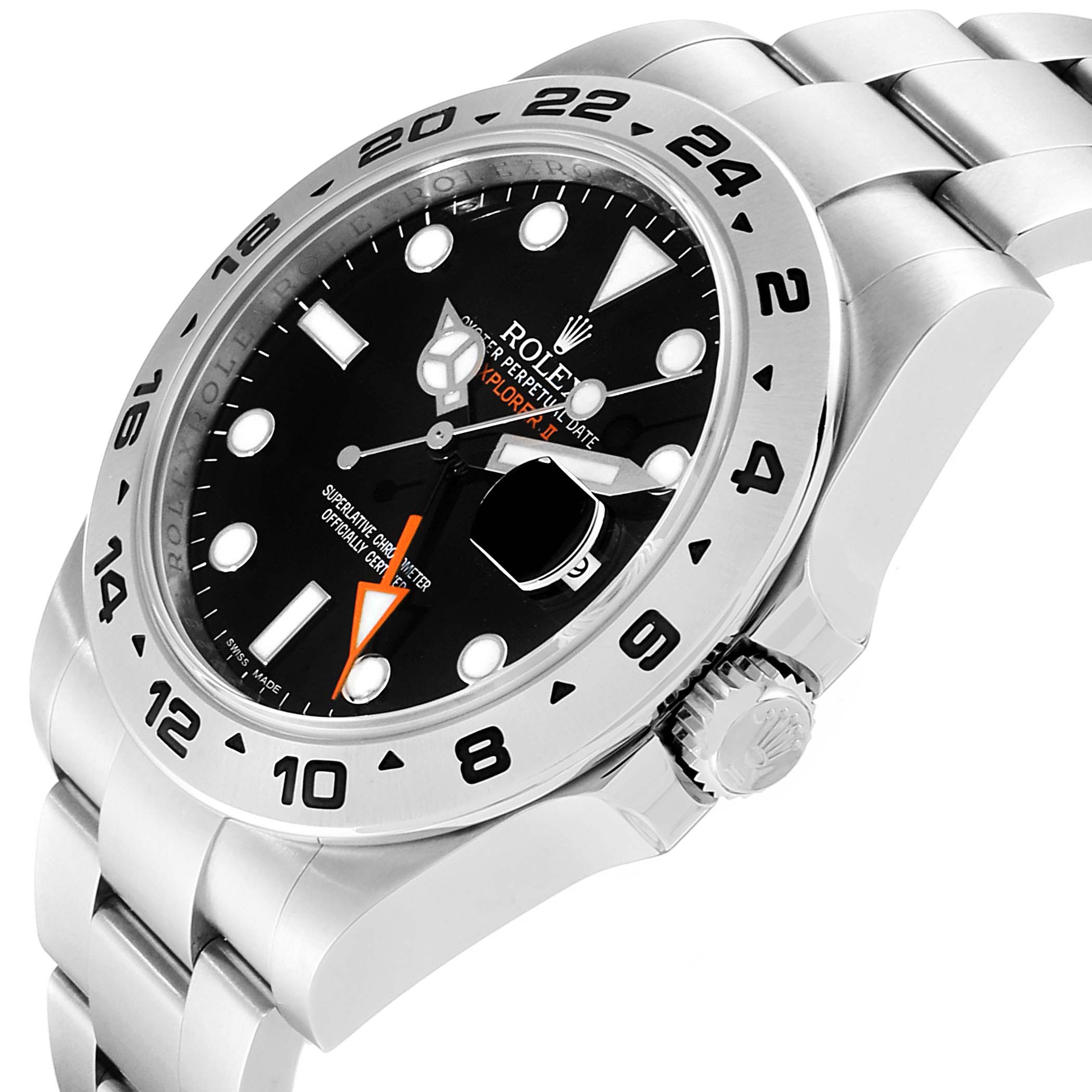 The Rolex Explorer 216570 Men
s Stainless Steel Black Dial 216570 Men
s Stainless Steel Black Dial watch is shown at an angle highlighting the bezel, crown, dial, and part of the bracelet.