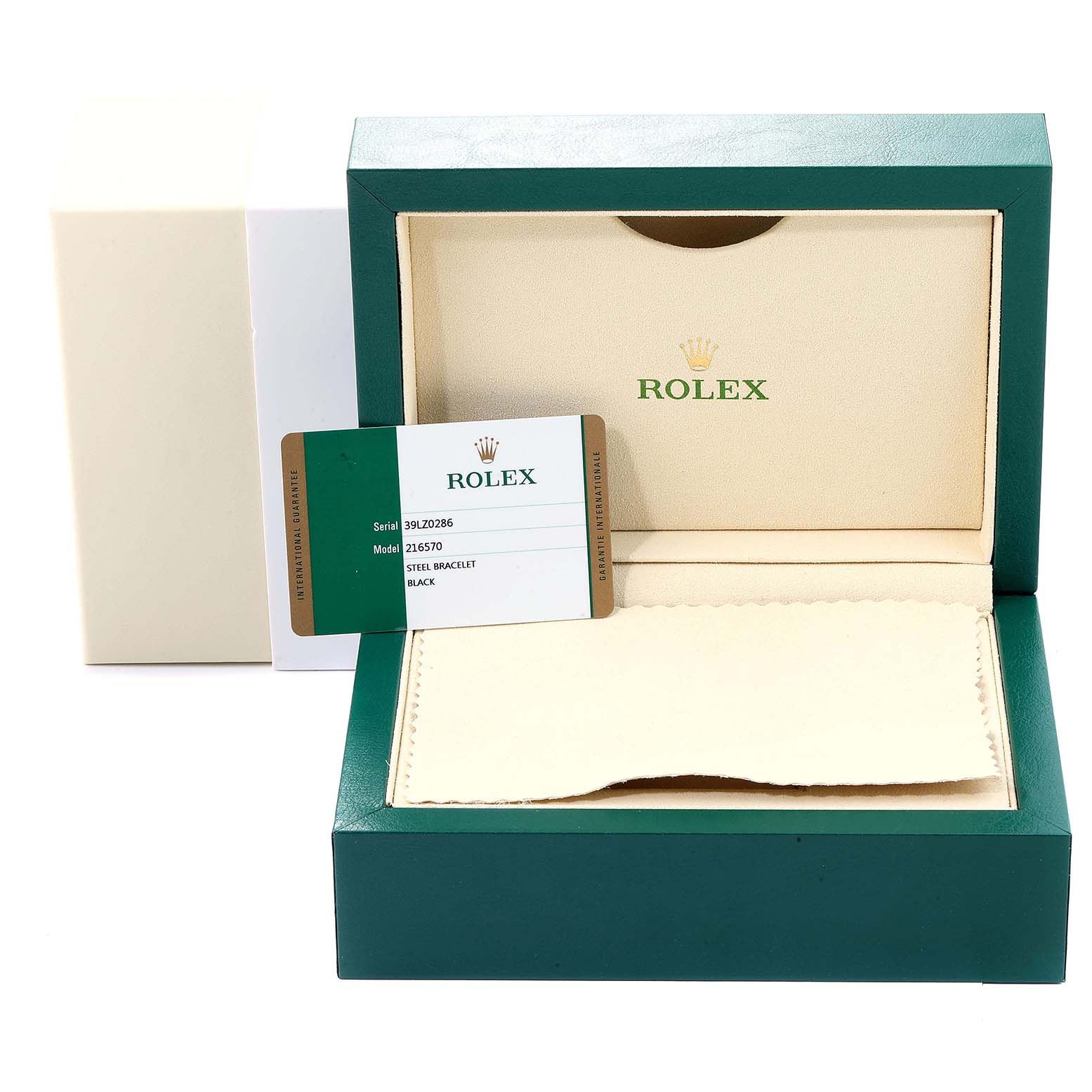 The image shows the open box of a Rolex Explorer 216570 Men
s Stainless Steel Black Dial 216570 Men
s Stainless Steel Black Dial watch, with the model card displayed inside.