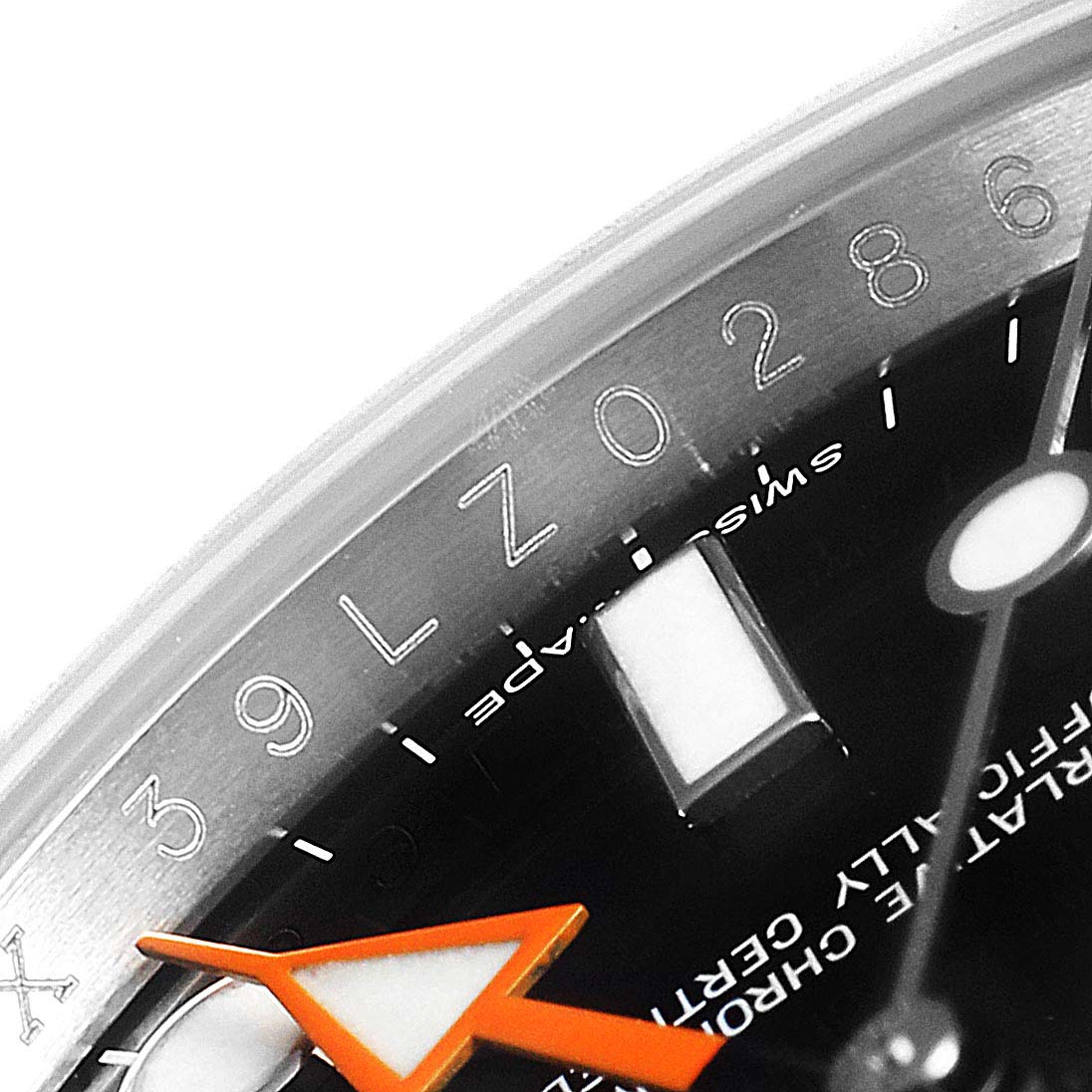 This close-up image shows a partial view of the dial, numerals, and luminous hour markers of a Rolex Explorer 216570 Men
s Stainless Steel Black Dial 216570 Men
s Stainless Steel Black Dial watch.
