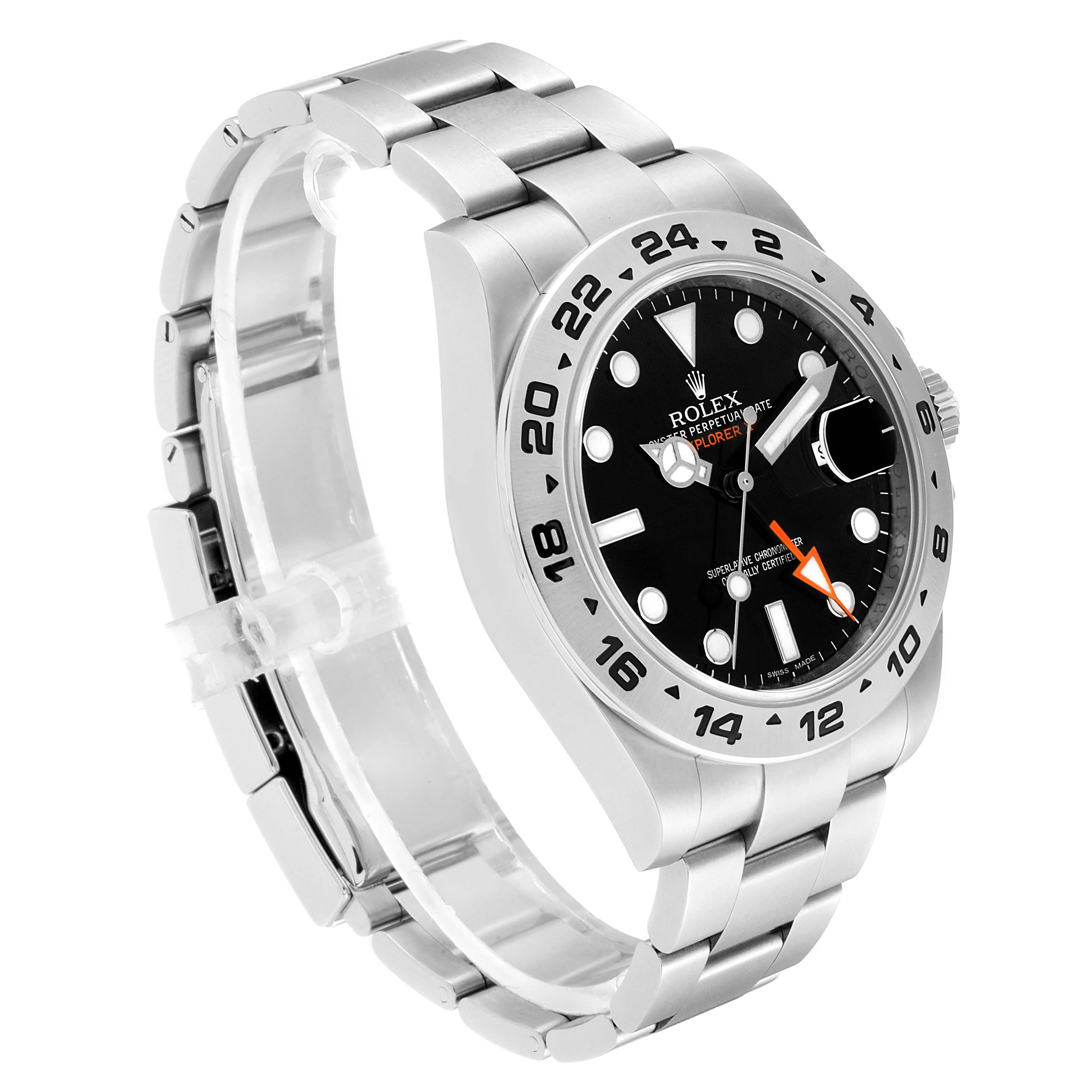 This image shows a side angle of a Rolex Explorer 216570 Men
s Stainless Steel Black Dial 216570 Men
s Stainless Steel Black Dial watch, highlighting its face, bezel, and bracelet.