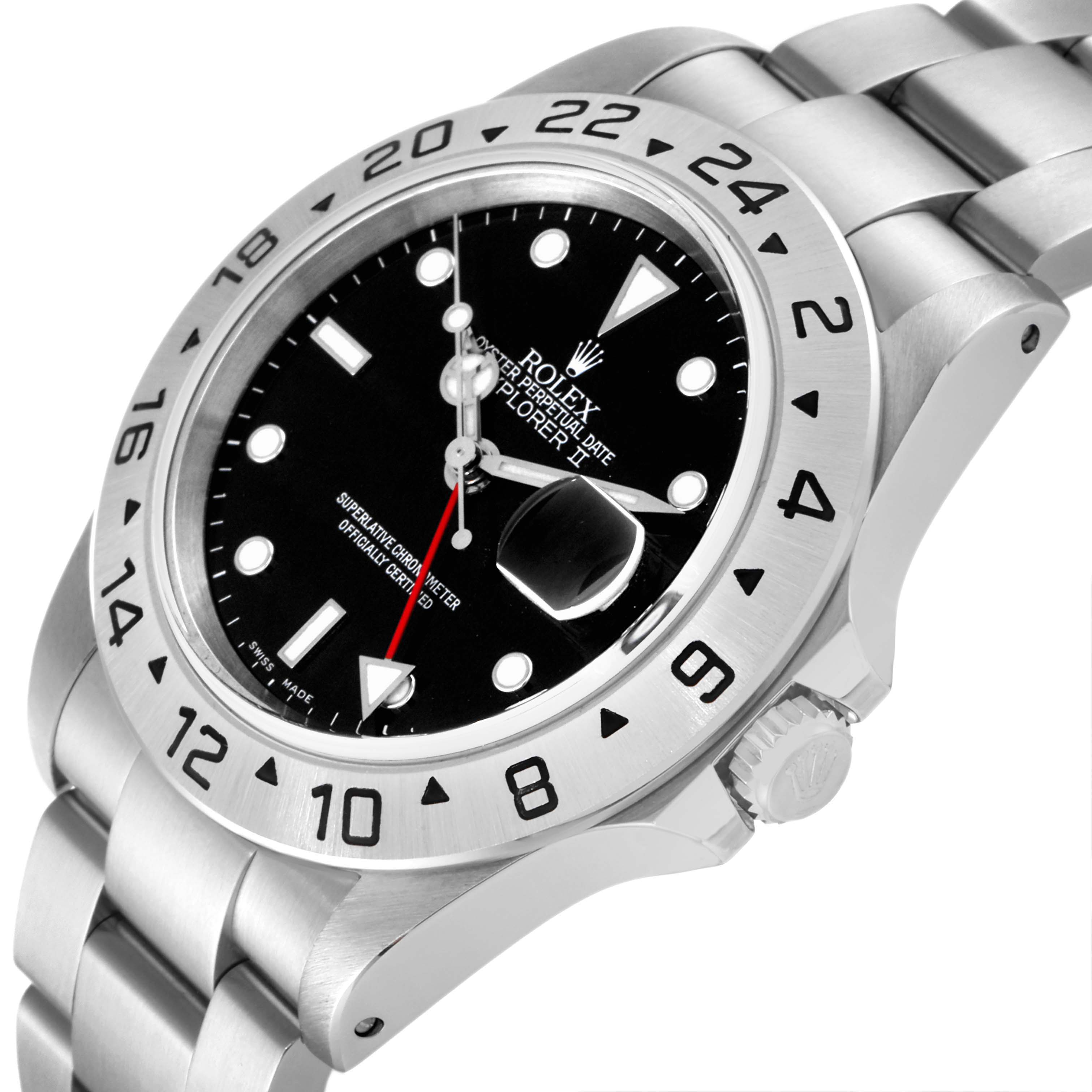 The Rolex Explorer 16570 Men
s Stainless Steel Black Dial 16570 Men
s Stainless Steel Black Dial watch is shown at an angle displaying the face, bezel, crown, and part of the bracelet.