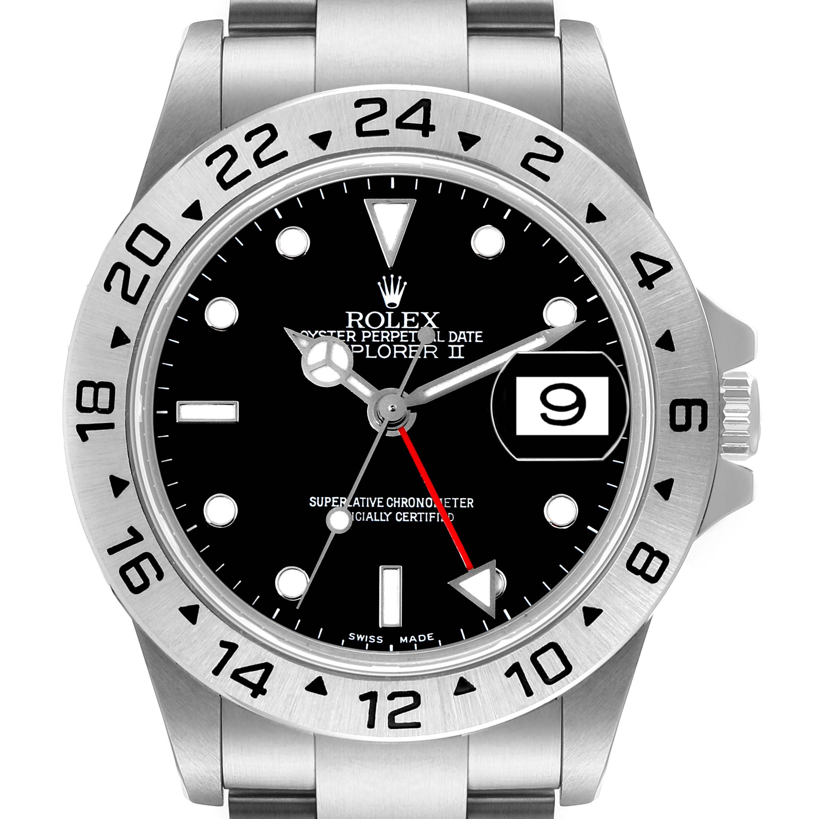 This image shows a front view of the Rolex Explorer 16570 Men
s Stainless Steel Black Dial 16570 Men
s Stainless Steel Black Dial watch, highlighting its dial, date window, bezel, and bracelet.