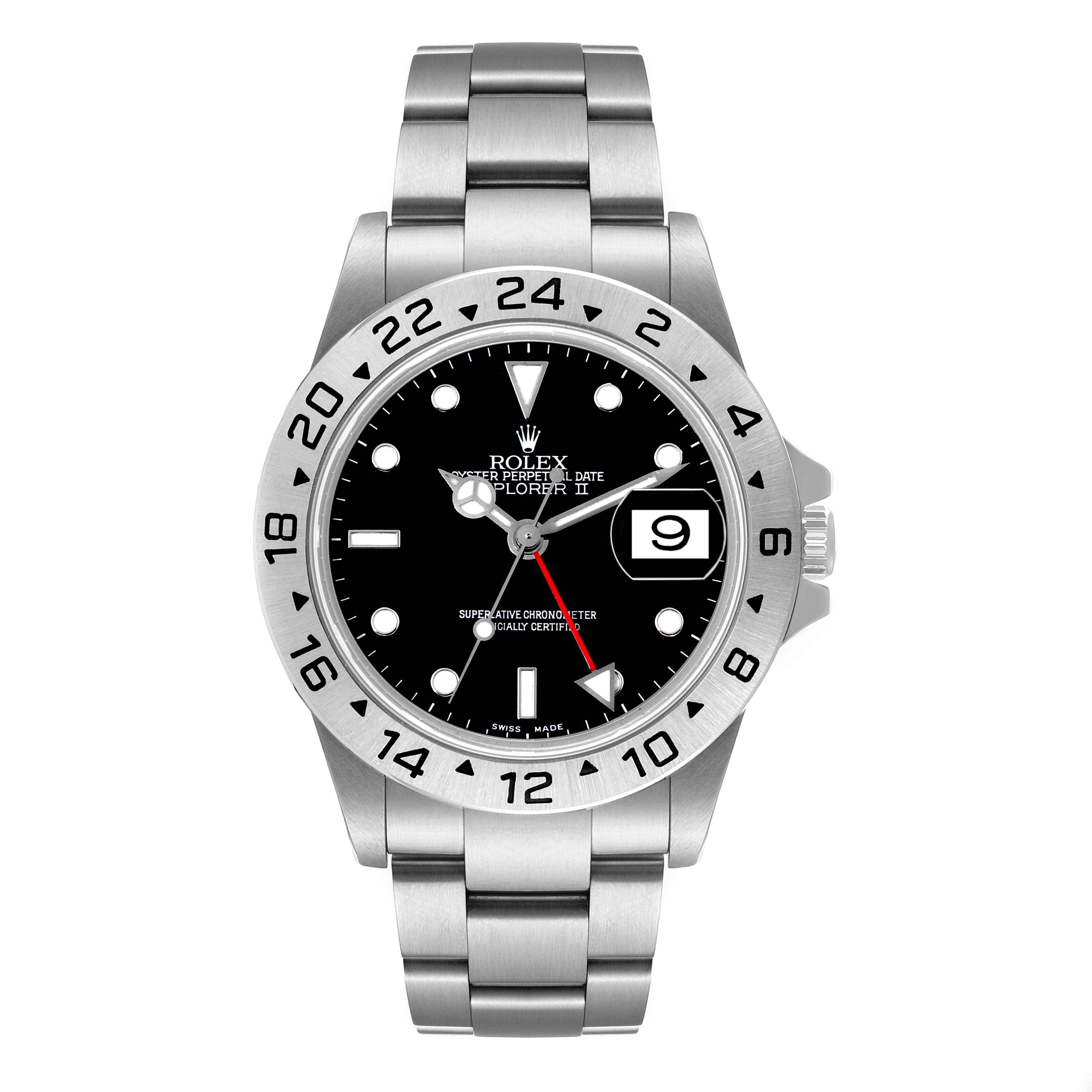 The image shows a front view of the Rolex Explorer 16570 Men
s Stainless Steel Black Dial 16570 Men
s Stainless Steel Black Dial watch, displaying its face, bezel, bracelet, and date window.