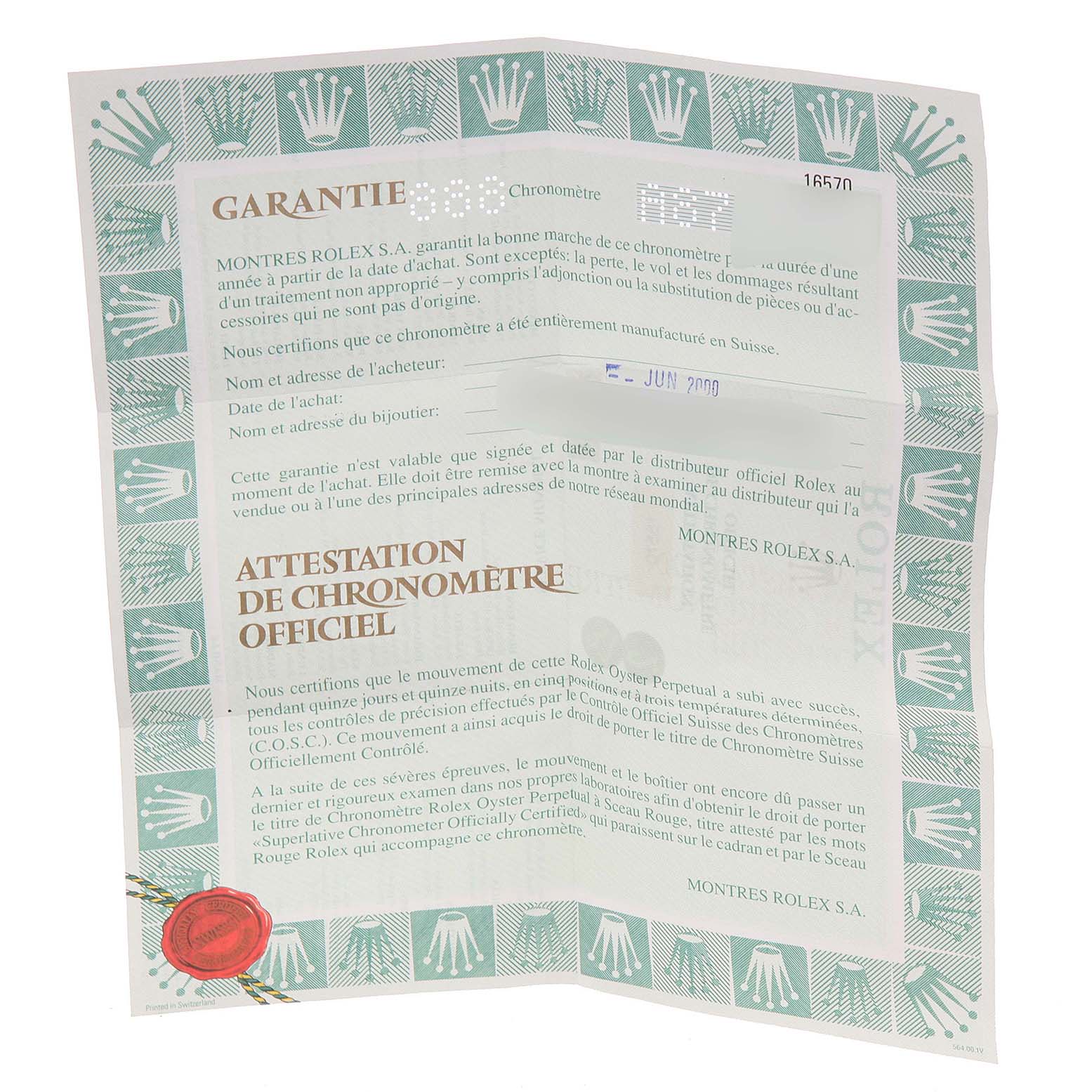 The image shows a guarantee and official chronometer certificate for the Rolex Explorer 16570 Men
s Stainless Steel Black Dial 16570 Men
s Stainless Steel Black Dial watch.