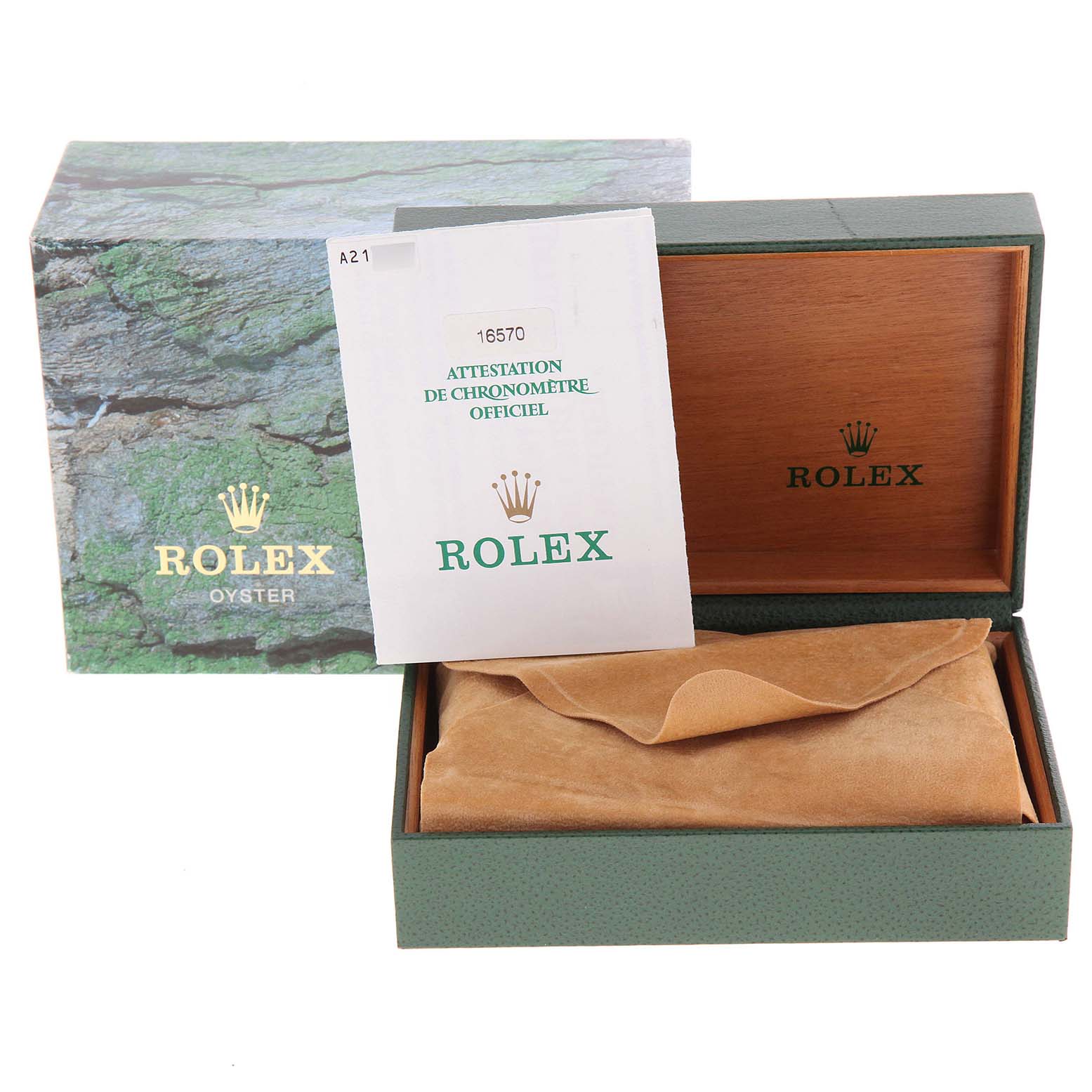 The image shows the packaging, box, and documents of a Rolex Explorer 16570 Men
s Stainless Steel Black Dial 16570 Men
s Stainless Steel Black Dial model watch.