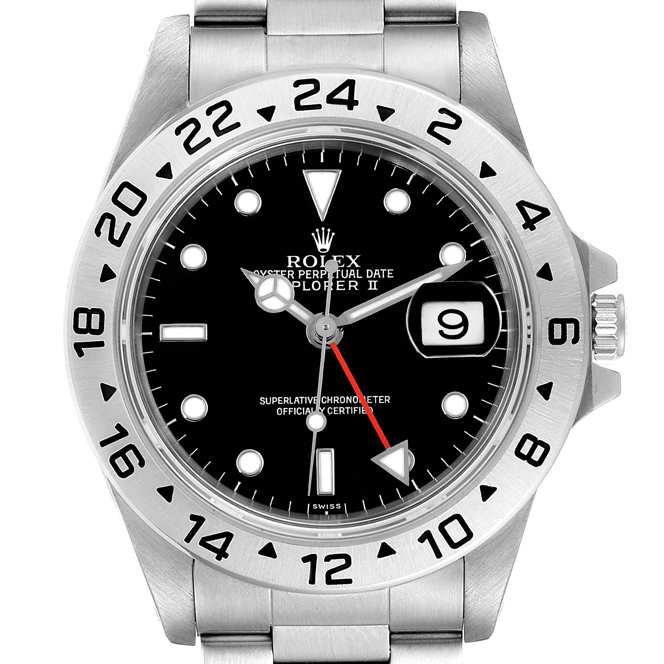 The image shows a front view of the Rolex Explorer 16570 Men
s Stainless Steel Black Dial 16570 Men
s Stainless Steel Black Dial watch, highlighting the black dial and stainless steel bracelet.