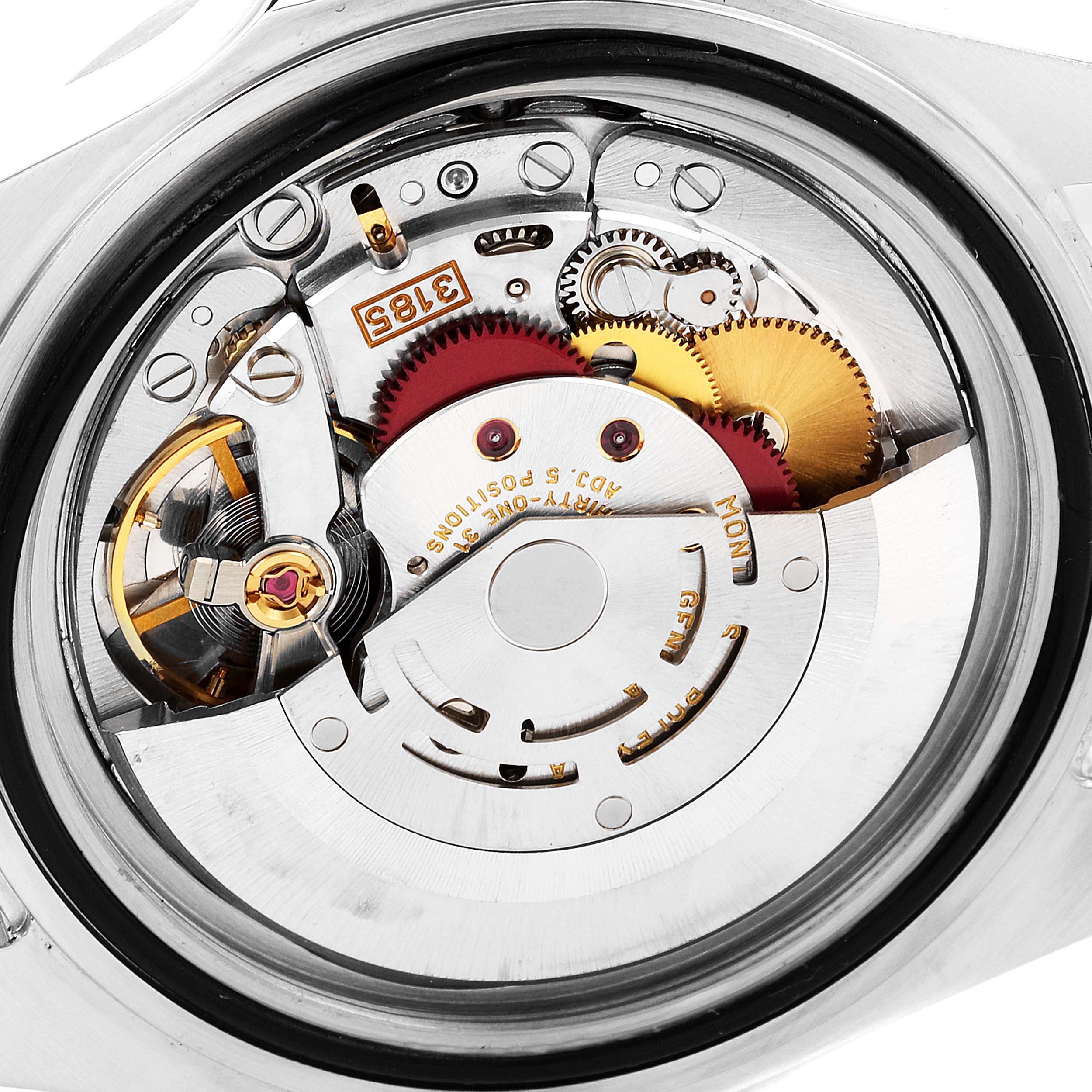 This image shows a close-up view of the movement and internal components of a Rolex Explorer 16570 Men
s Stainless Steel Black Dial 16570 Men
s Stainless Steel Black Dial watch.