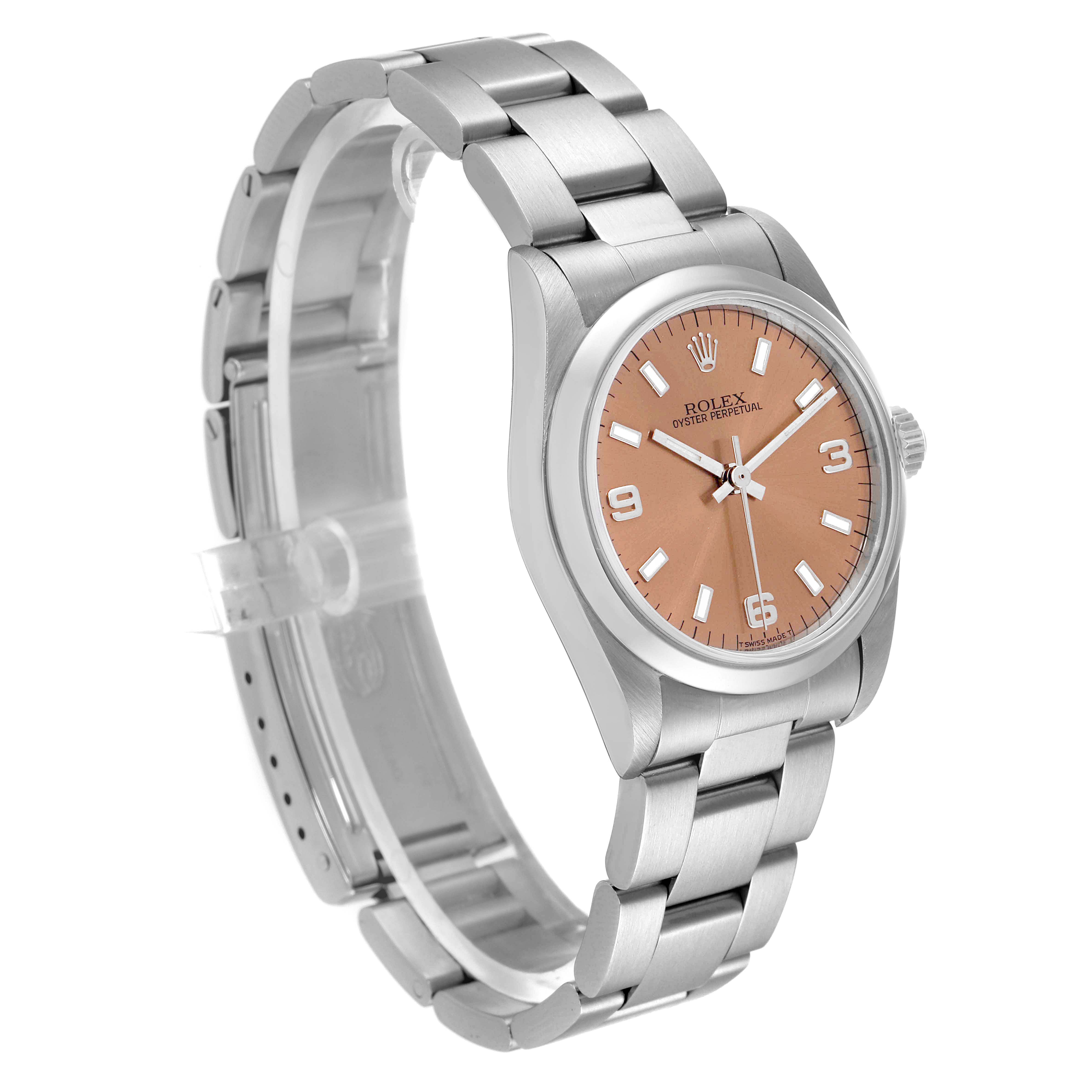 This image shows a Rolex Mid-Size 67480 Women
s Stainless Steel Pink Dial 67480 Women
s Stainless Steel Pink Dial Oyster Perpetual watch from a front-side angle, displaying its bracelet, case, and dial.
