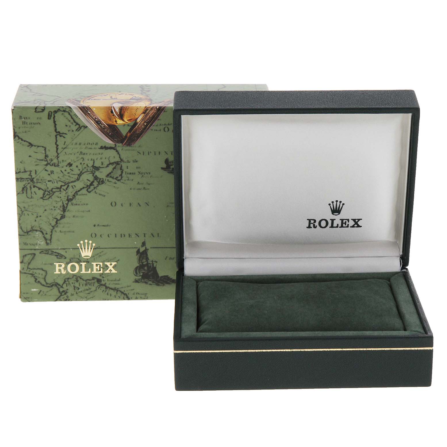 An empty Rolex Mid-Size 67480 Women
s Stainless Steel Pink Dial 67480 Women
s Stainless Steel Pink Dial watch box with both the box and outer box shown from the front.