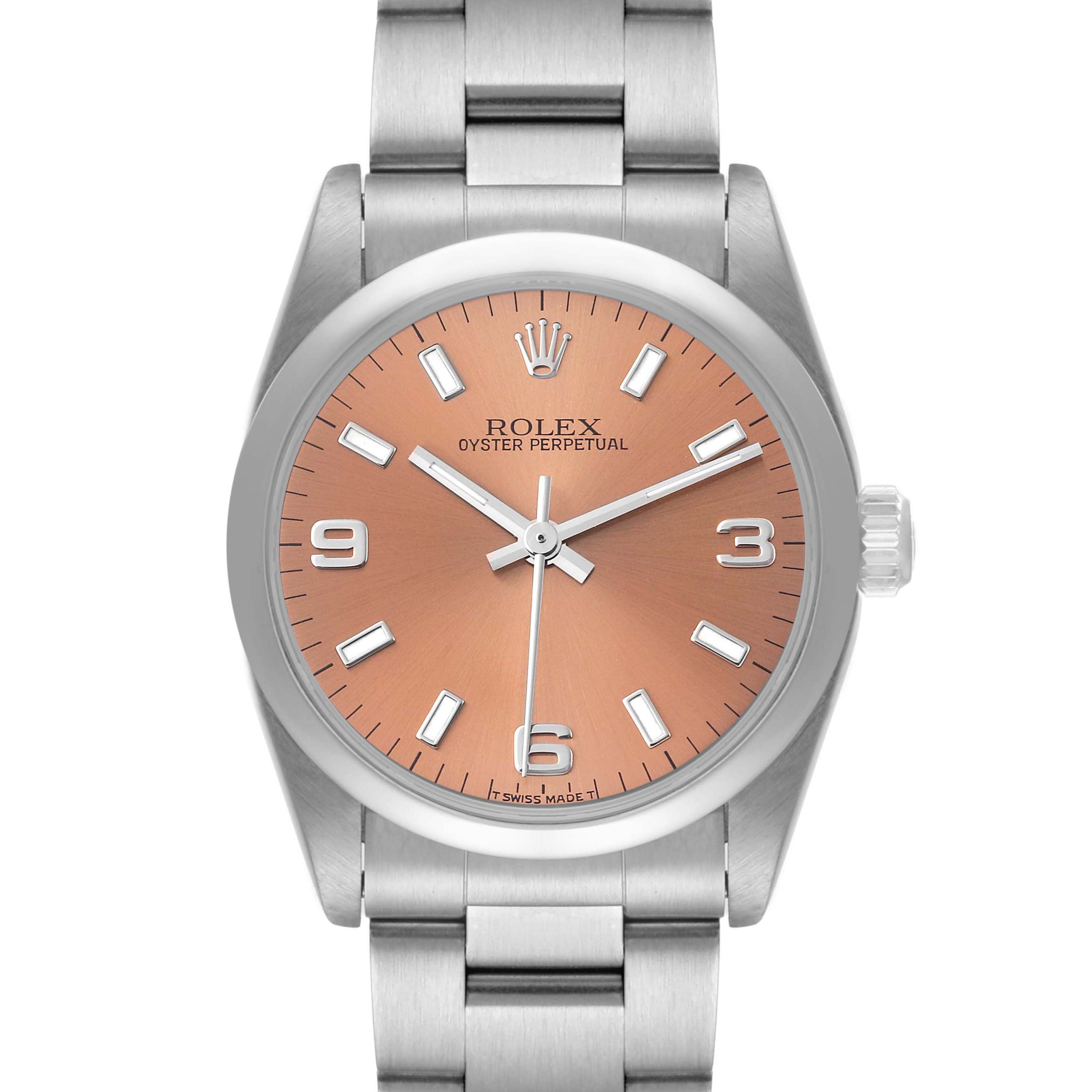 The image shows a frontal view of a Rolex Oyster Perpetual Mid-Size watch with a pink dial and silver bracelet.